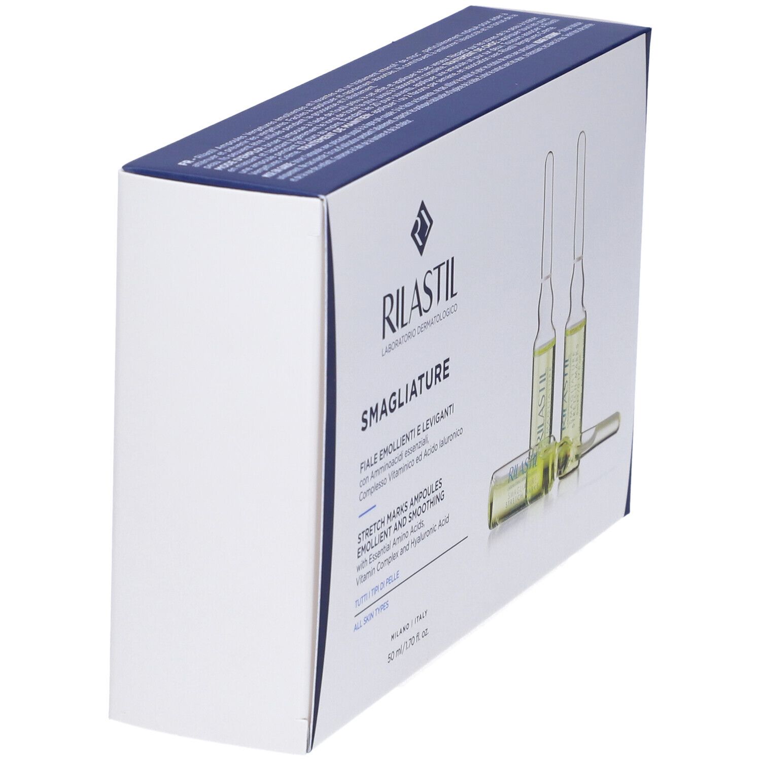 Schräg stehende Verpackung. Aufschrift: RILASTIL SMAGLIATURE. Enthält 10 Ampullen. Mit Inhaltsstoffen und Gebrauchsanweisung.