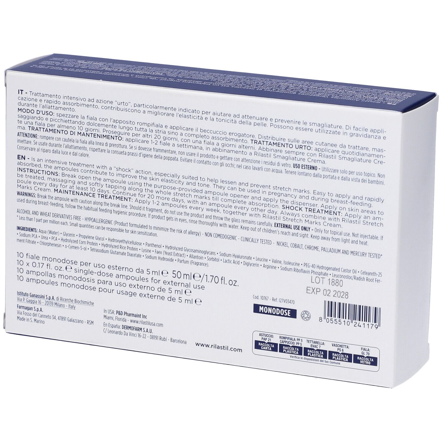 Rückseite der Verpackung. Text in mehreren Sprachen. Enthält Inhaltsstoffe, Gebrauchsanweisung und Herstellerinformationen.