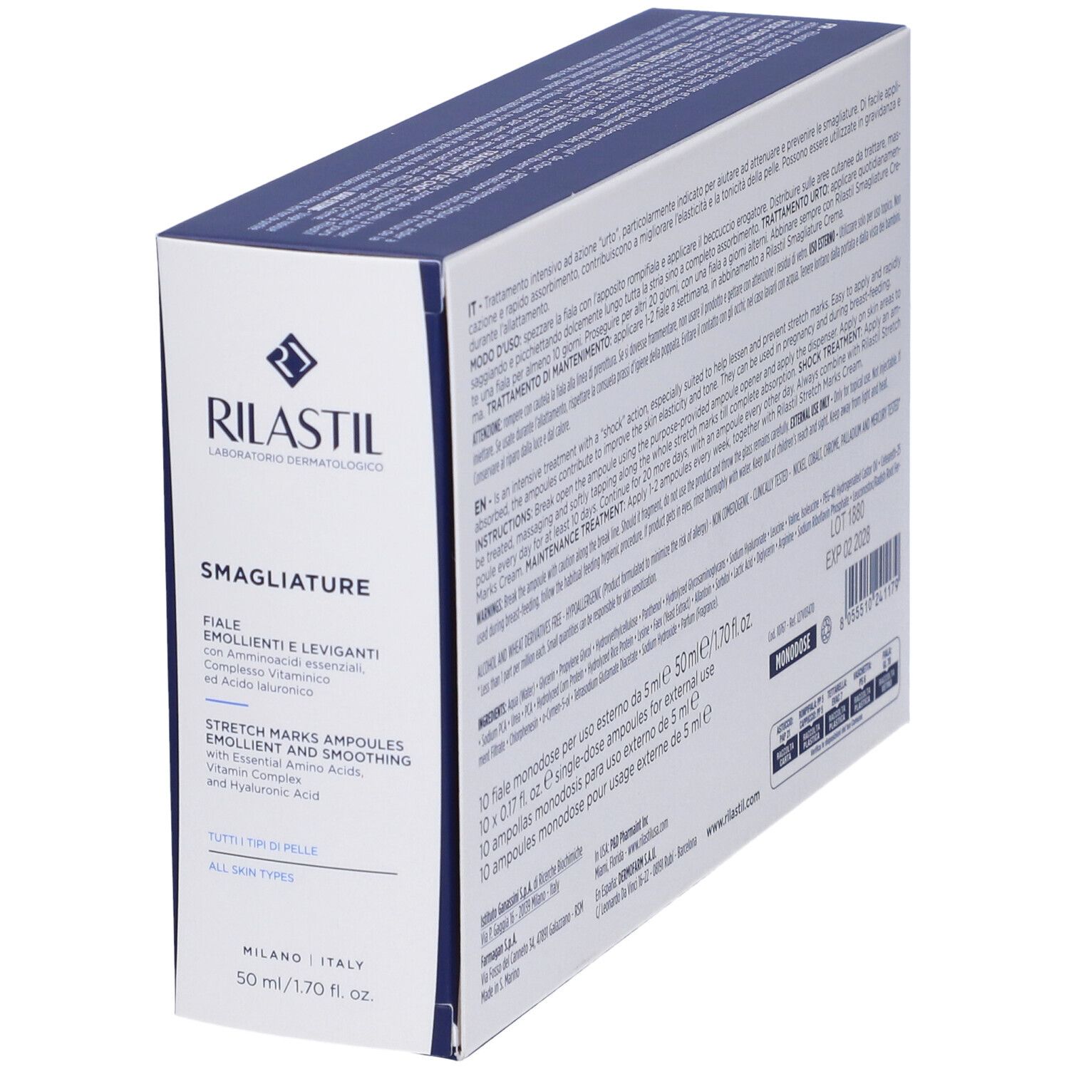 Schräg stehende Verpackung. Rückseite mit Text in mehreren Sprachen. Enthält Inhaltsstoffe, Gebrauchsanweisung und Herstellerinformationen.
