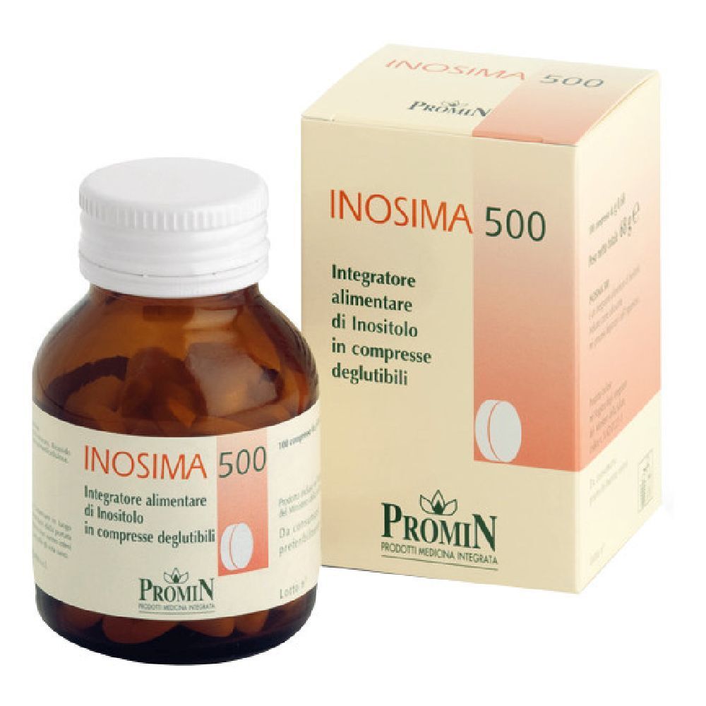 Flacone in vetro marrone e scatola INOSIMA 500. Integratore alimentare in compresse. Marchio: PROMIN.