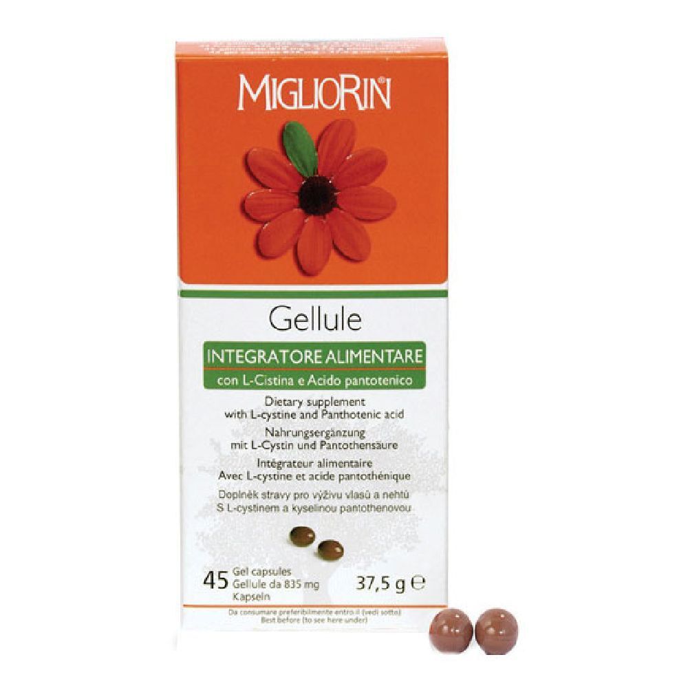 Confezione arancione con nome del prodotto e fiore. Testo multilingue. 45 capsule marroni visibili accanto alla scatola.