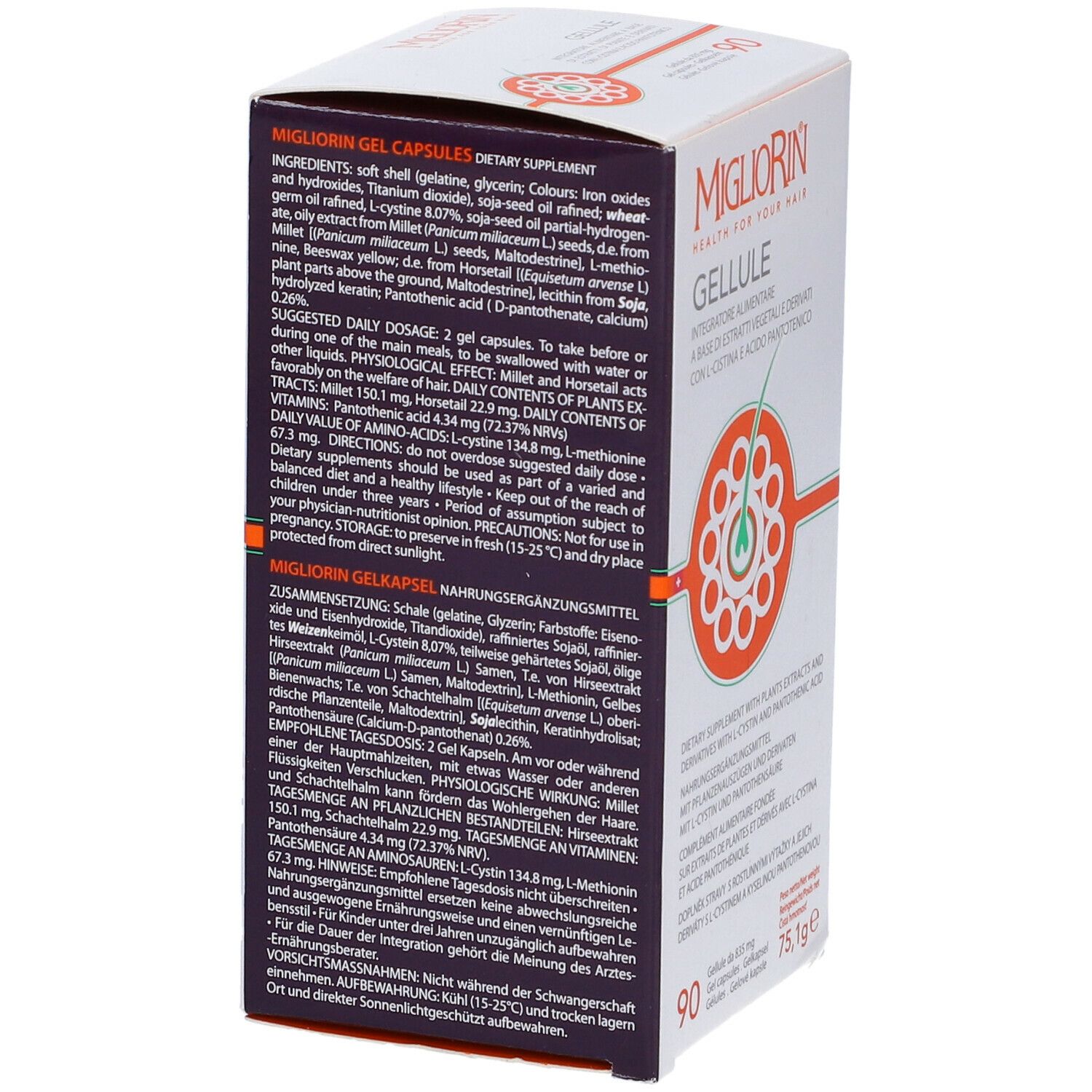Scatola di Migliorin Gellule con 90 capsule. Retro della confezione con testo e ingredienti.