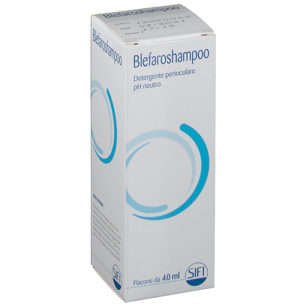Karton mit Produktaufdruck. Text: Blefaroshampoo, pH neutral. Marke SIFI. Flasche da 40 ml.