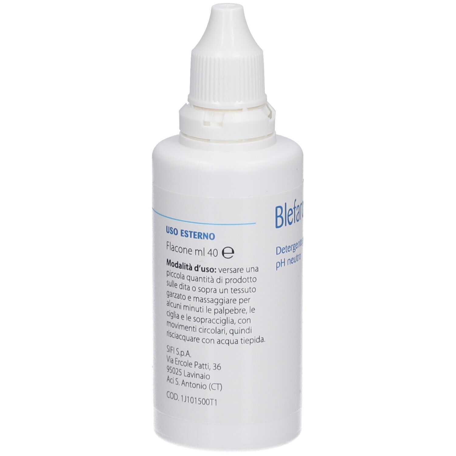 Weiße Flasche mit Tropfverschluss. Text: Blefaroshampoo, pH neutral. Gebrauchsanweisung. Marke SIFI.