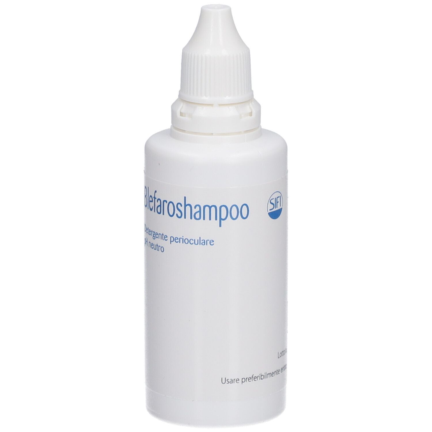 Weiße Flasche mit Tropfverschluss. Text: Blefaroshampoo, pH neutral. Marke SIFI.