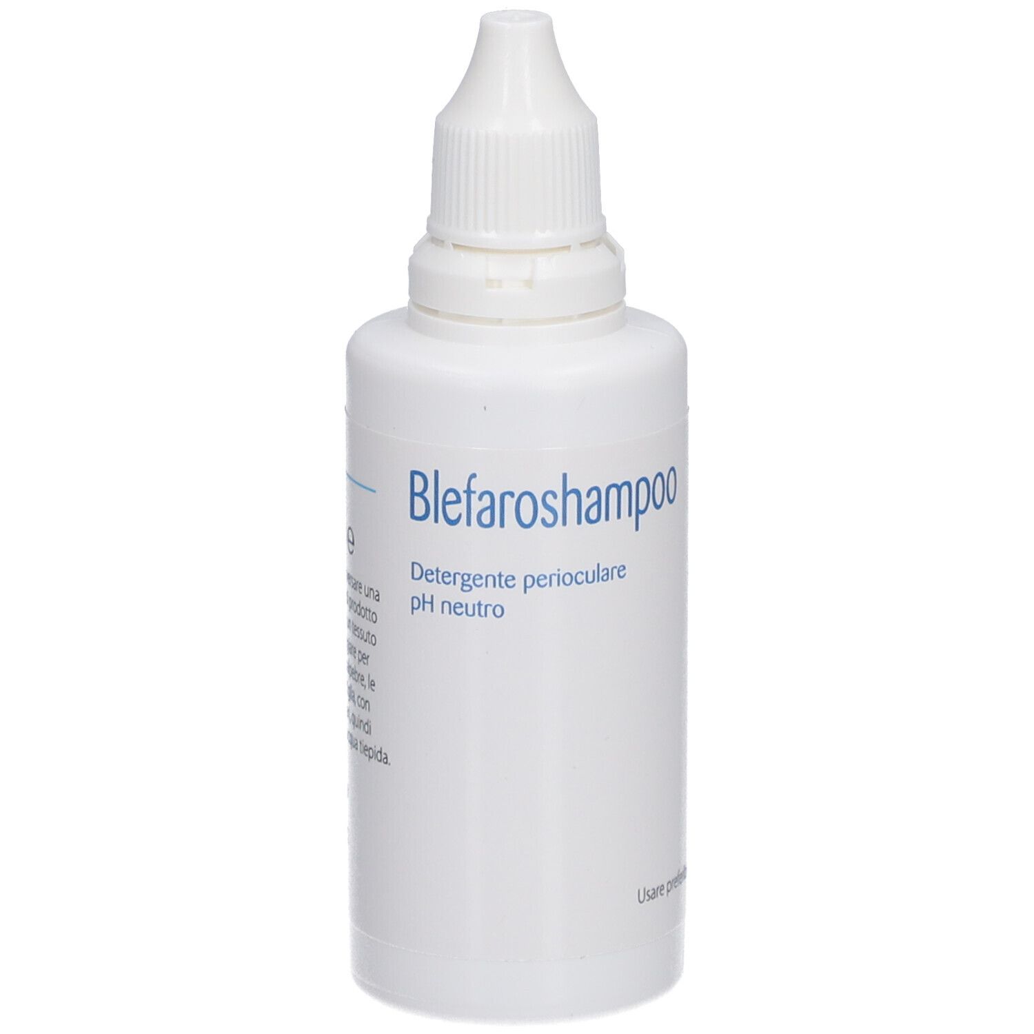 Weiße Flasche mit Tropfverschluss. Text: Blefaroshampoo, pH neutral. Marke SIFI.