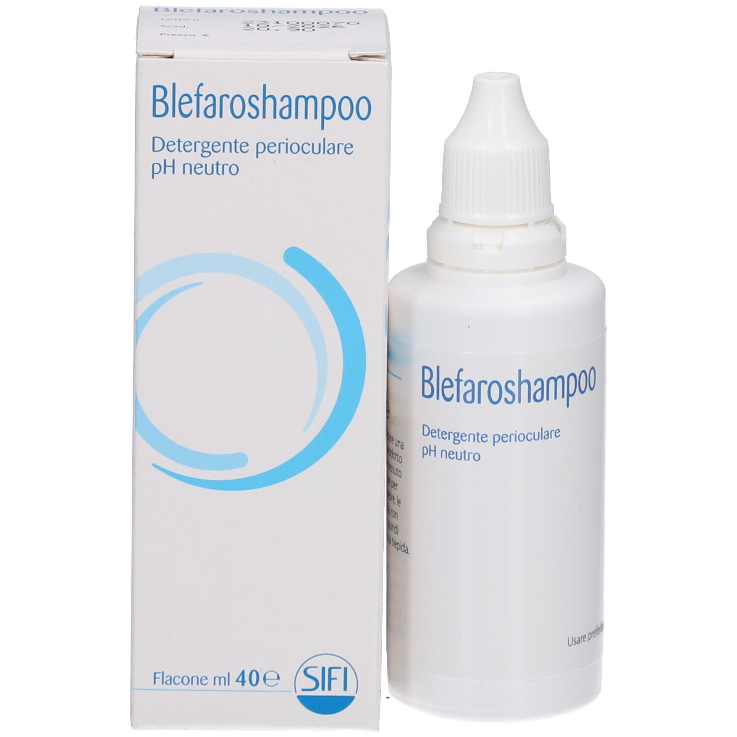 Produktverpackung und Flasche. Text: Blefaroshampoo, pH neutral. Marke SIFI. Flasche da 40 ml.