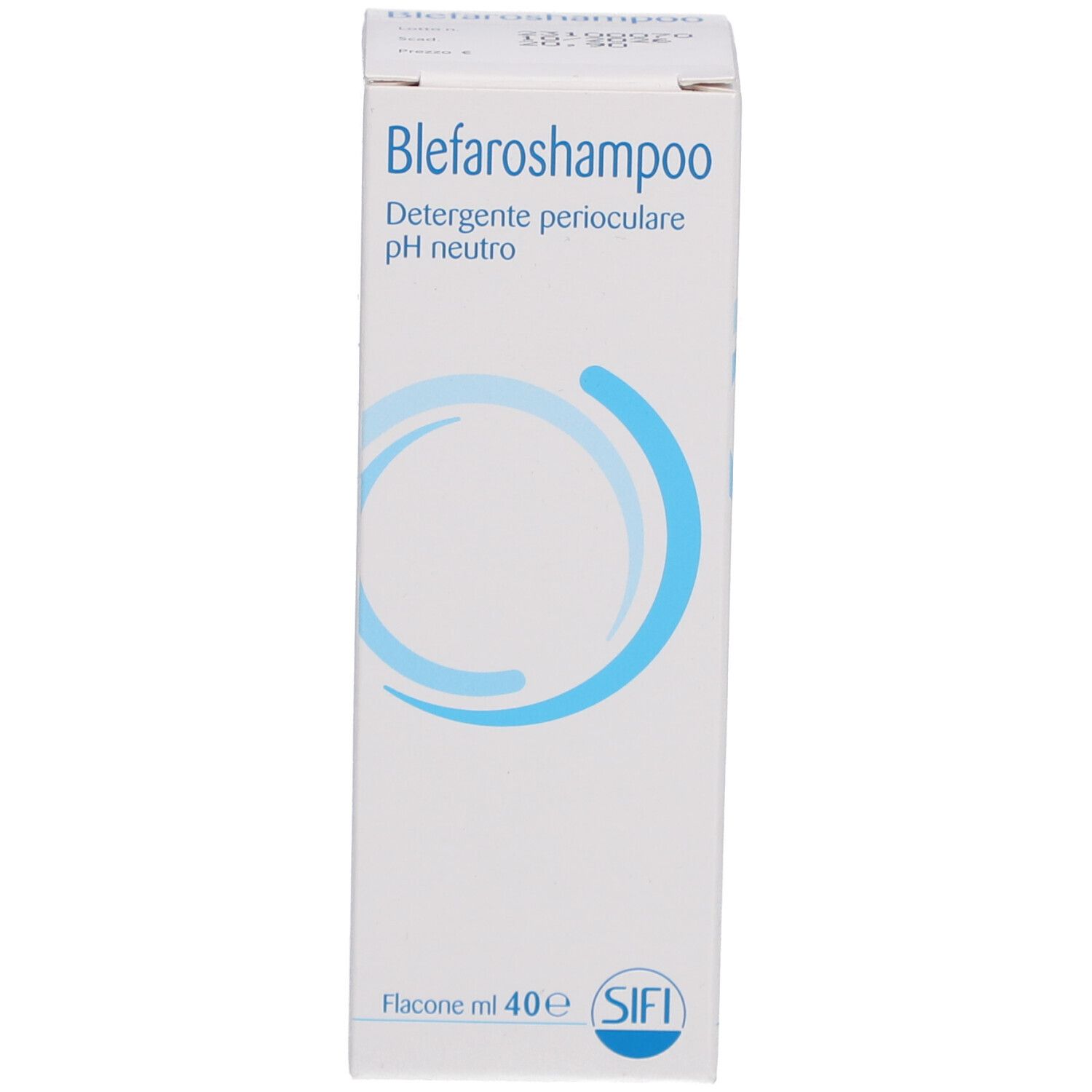 Karton mit Produktaufdruck. Text: Blefaroshampoo, pH neutral. Marke SIFI. Flasche da 40 ml.