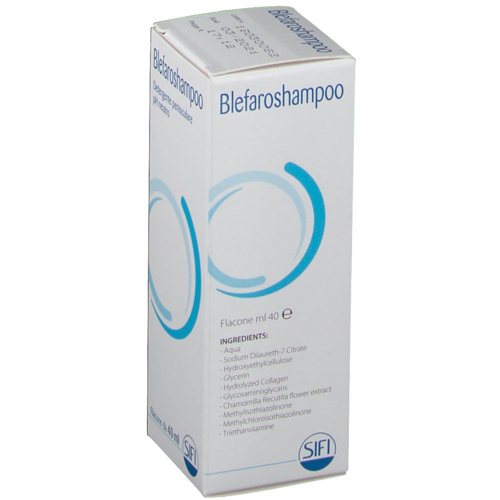 Karton mit Produktaufdruck. Text: Blefaroshampoo, pH neutral. Inhaltsstoffe. Marke SIFI. Flacone ml 40 e.