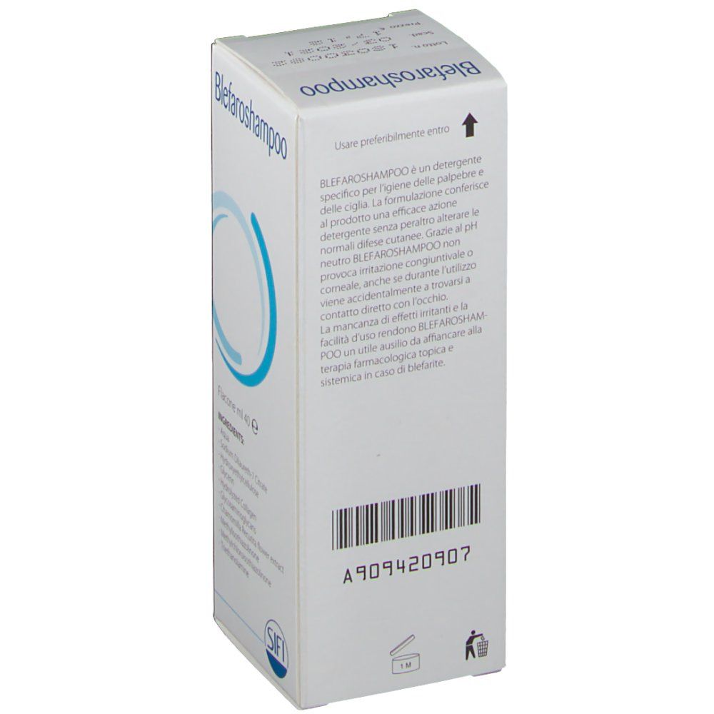 Karton mit Text. Blefaroshampoo. Barcode. Marke SIFI. Entsorgungssymbol. Gebrauchsanweisung.
