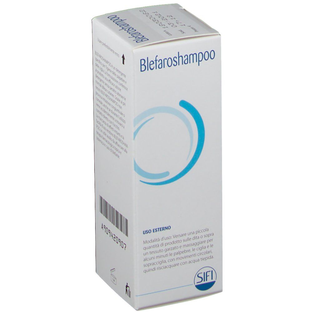 Karton mit Text. Blefaroshampoo. Barcode. Marke SIFI. Gebrauchsanweisung. Für die äußere Anwendung.