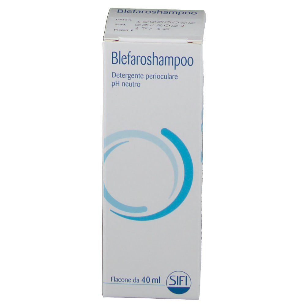 Karton mit Produktaufdruck. Text: Blefaroshampoo, pH neutral. Marke SIFI. Flasche da 40 ml.