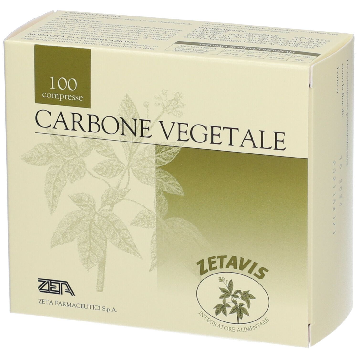Scatola di Zetavis Carbone Vegetale. Scritta: 100 compresse. Logo Zetavis e Zeta Farmaceutici S.p.A.