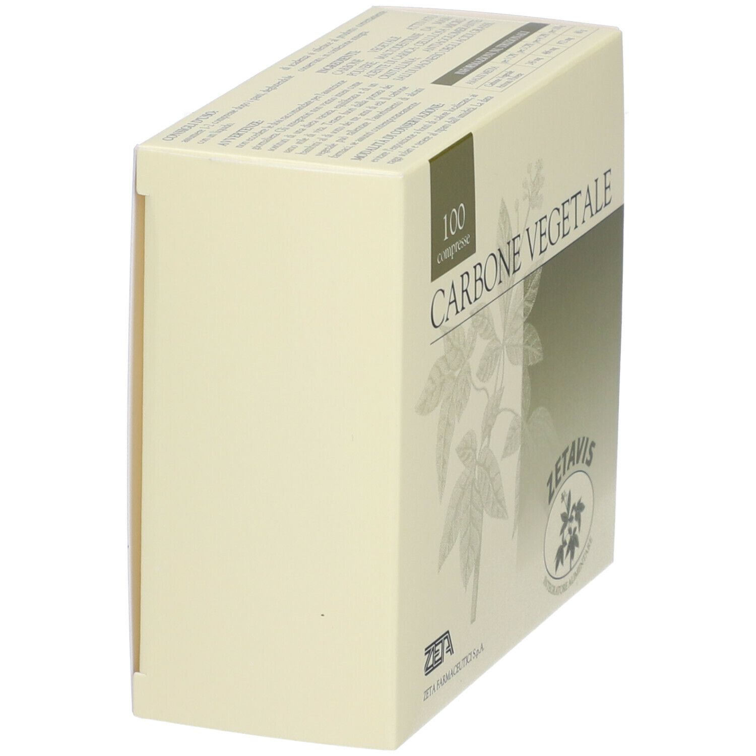 Confezione di Zetavis Carbone Vegetale inclinata. Scritta: 100 compresse. Logo Zetavis.