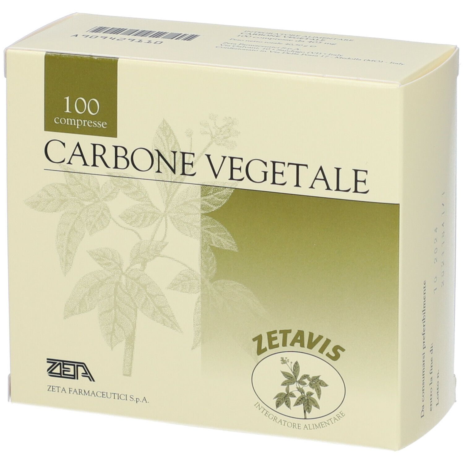 Scatola di Zetavis Carbone Vegetale. Scritta: 100 compresse. Logo Zetavis e Zeta Farmaceutici S.p.A.