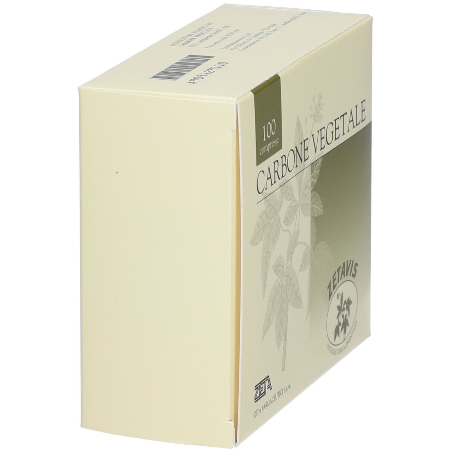 Confezione di Zetavis Carbone Vegetale inclinata. Scritta: 100 compresse. Logo Zetavis.