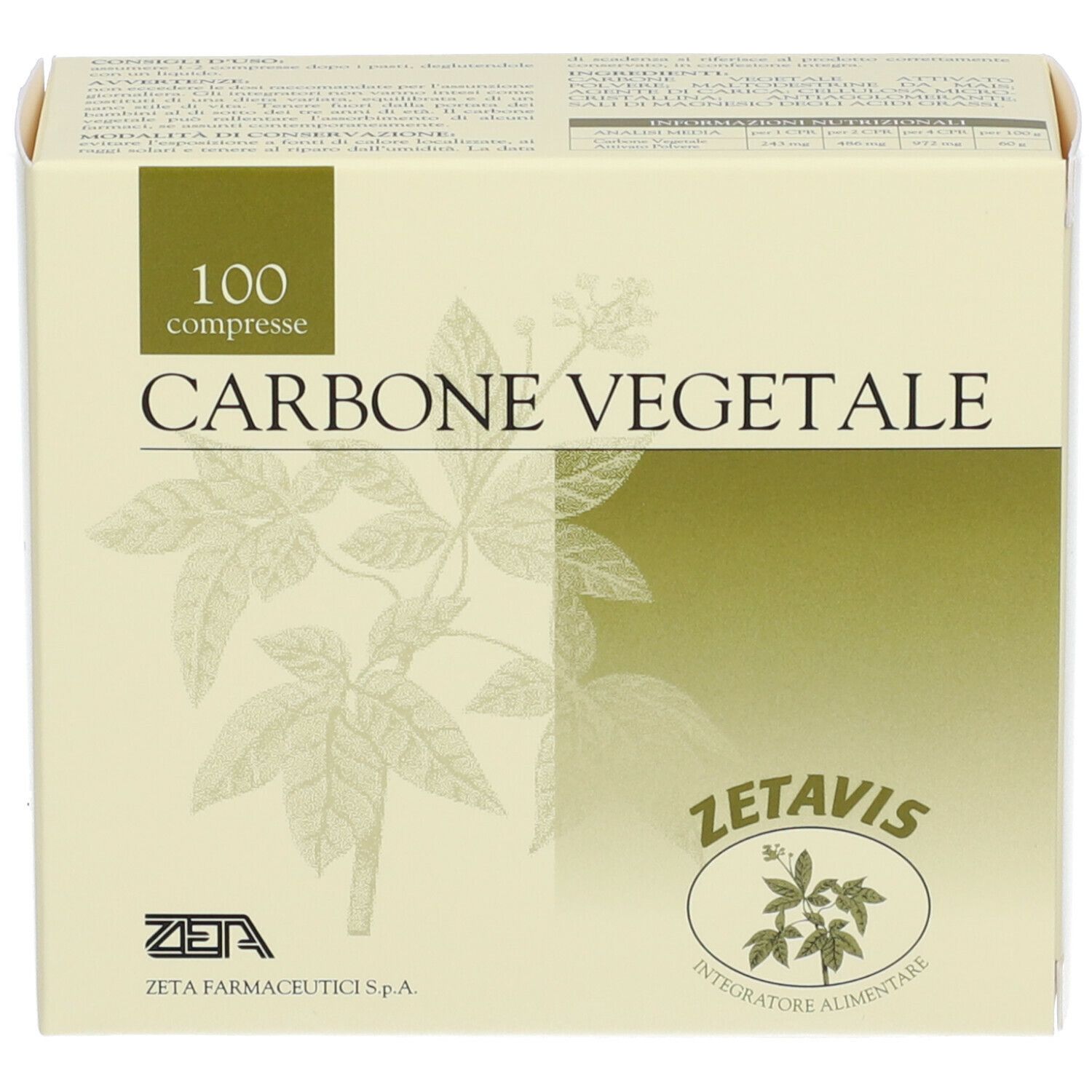 Scatola di Zetavis Carbone Vegetale. Scritta: 100 compresse. Logo Zetavis e Zeta Farmaceutici S.p.A.