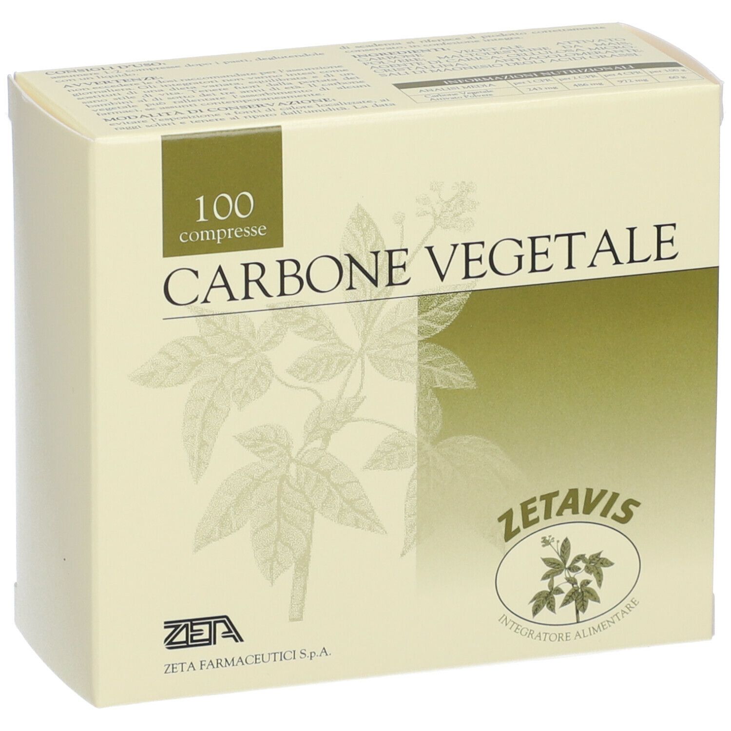 Scatola di Zetavis Carbone Vegetale. Scritta: 100 compresse. Logo Zetavis e Zeta Farmaceutici S.p.A.
