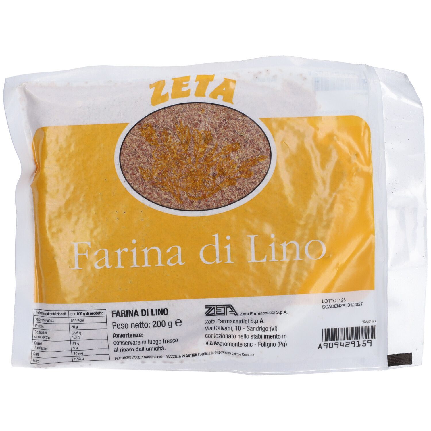 Confezione di "Farina di Lino". Sfondo giallo con informazioni e marchio "ZETA". Peso netto: 200 g.