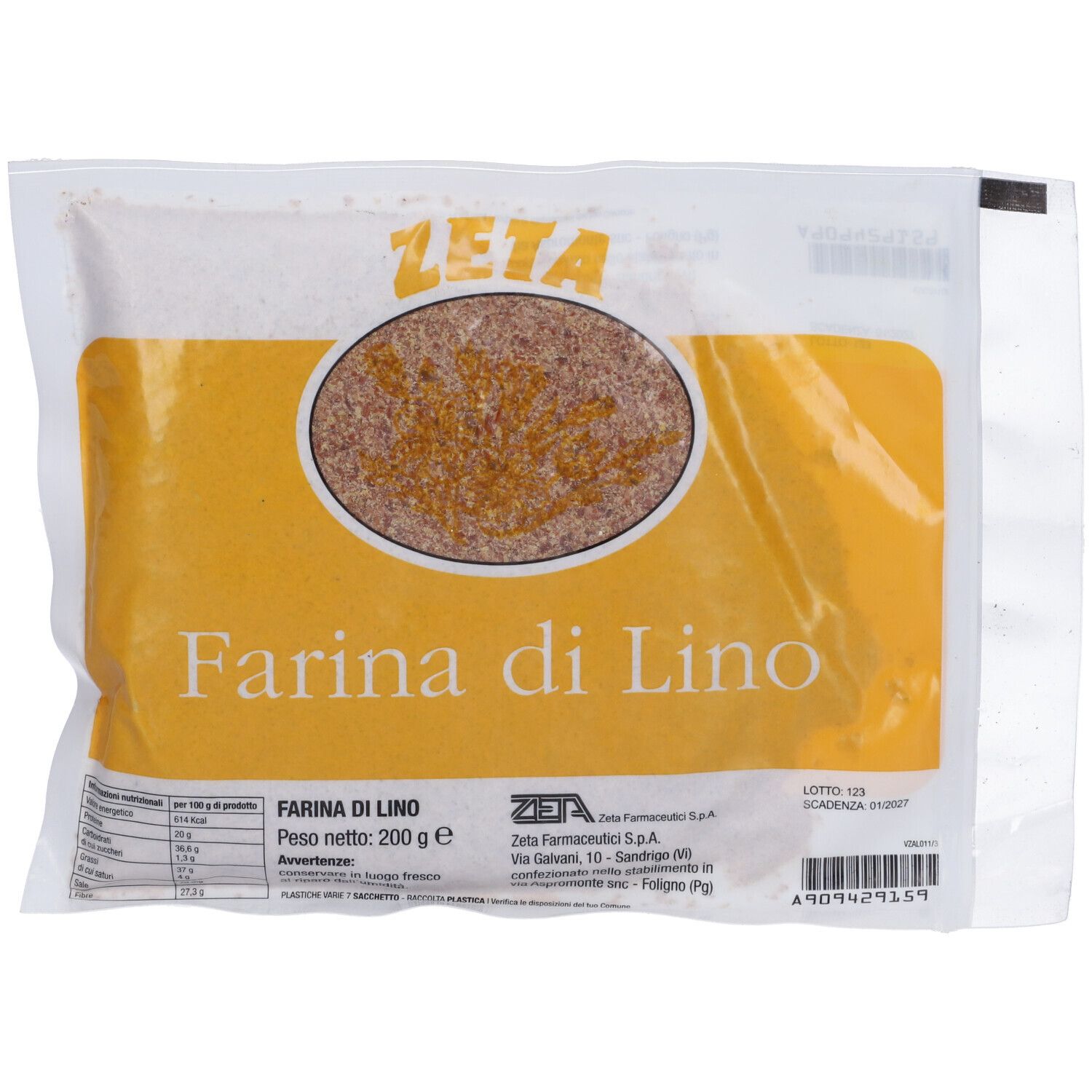 Confezione di "Farina di Lino". Sfondo giallo con informazioni e marchio "ZETA". Peso netto: 200 g.