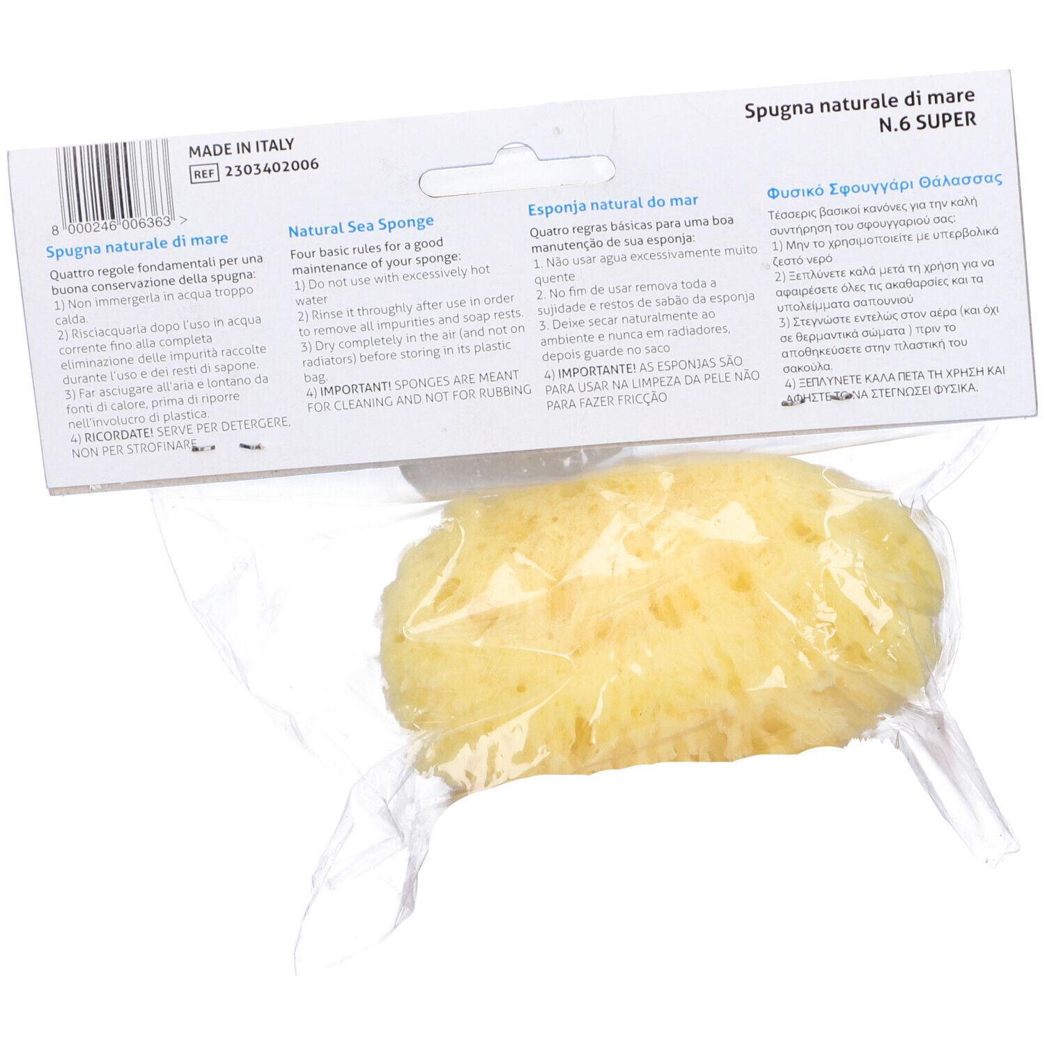 Natürlicher Meeres schwamm, gelb, in transparenter Verpackung.