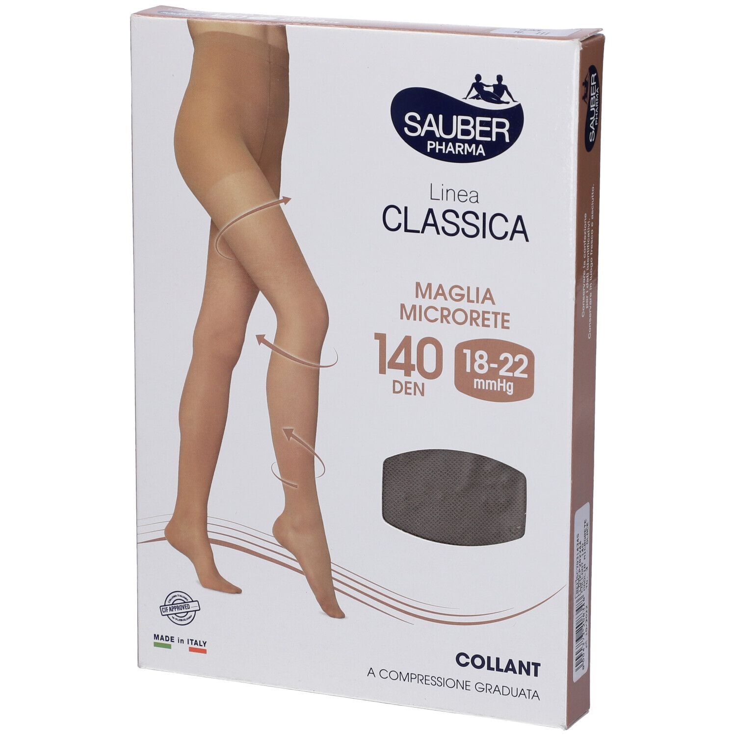 Confezione collant Sauber Pharma Classica, 140 den. Collant a compressione graduata. Dettagli e logo visibili.