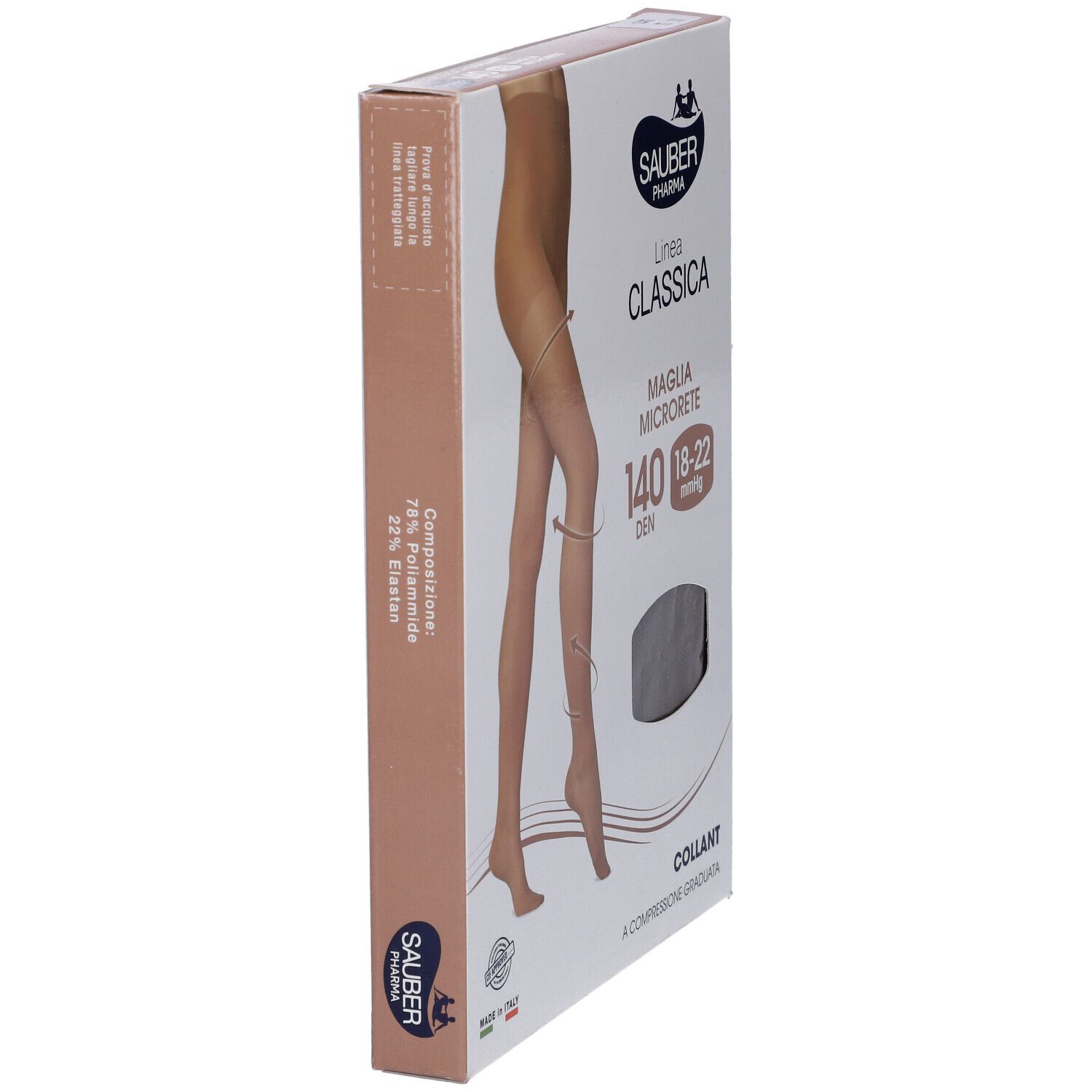 Confezione collant Sauber Pharma Classica, 140 den. Collant a compressione graduata. Dettagli e logo visibili.