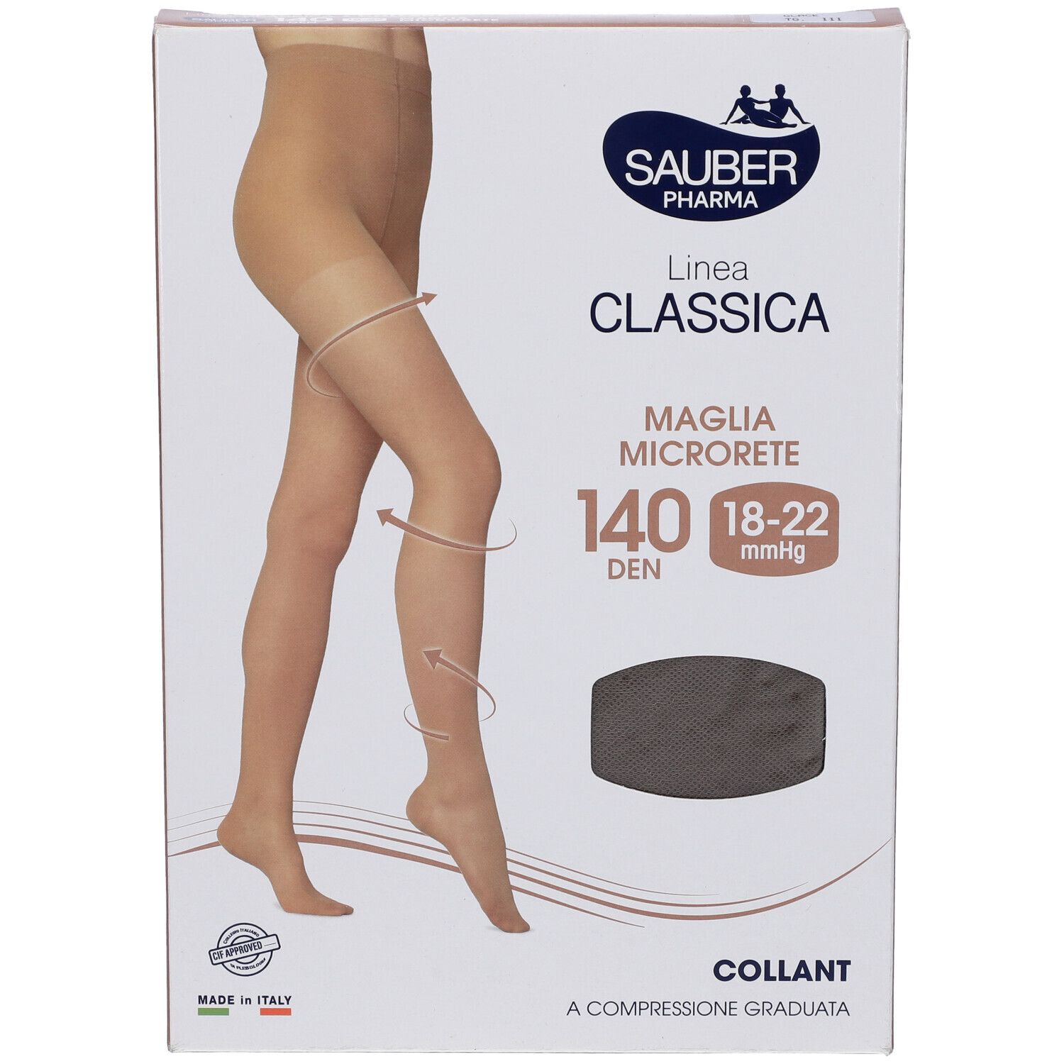 Confezione collant Sauber Pharma Classica, 140 den. Collant a compressione graduata. Dettagli e logo visibili.