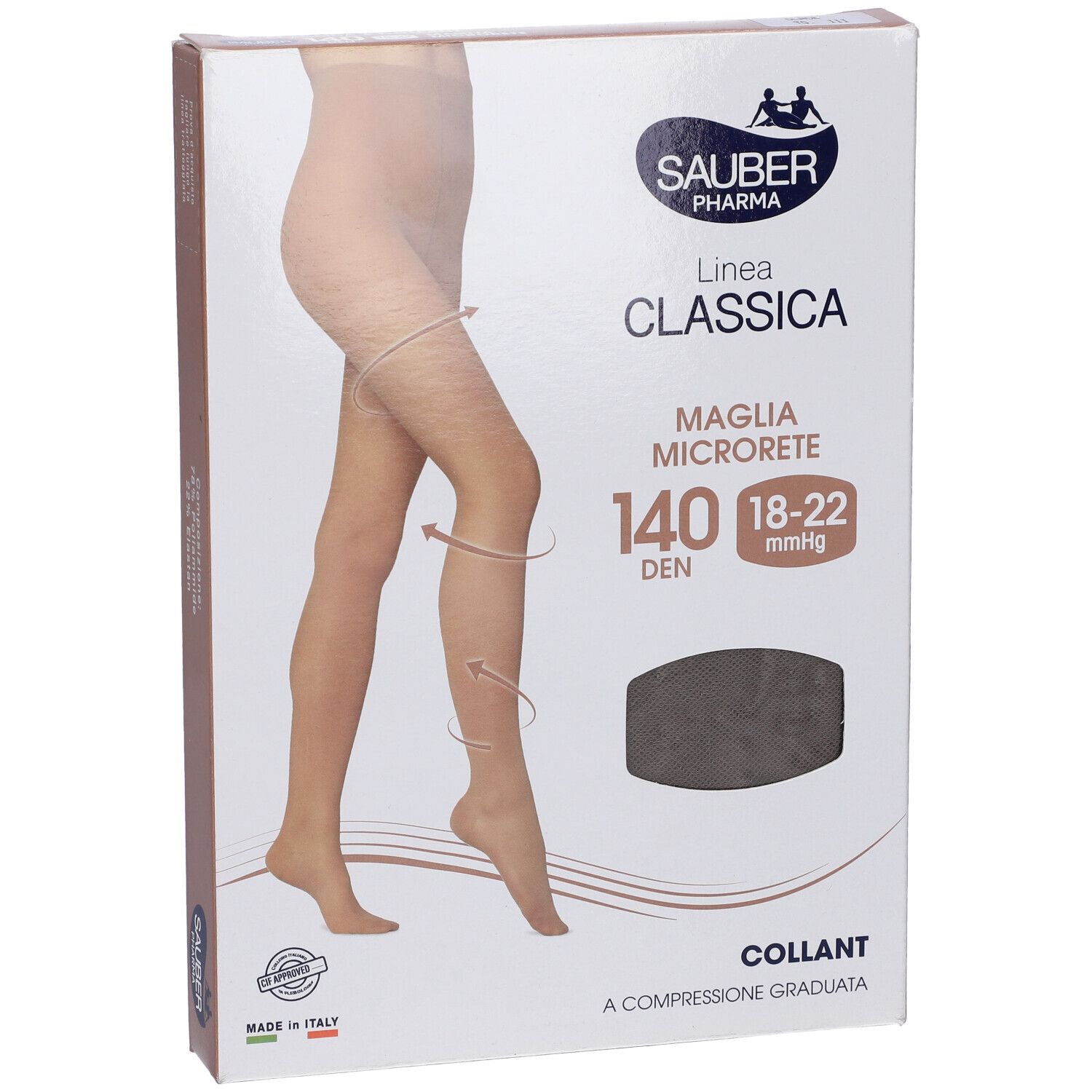 Confezione collant Sauber Pharma Classica, 140 den. Collant a compressione graduata. Dettagli e logo visibili.