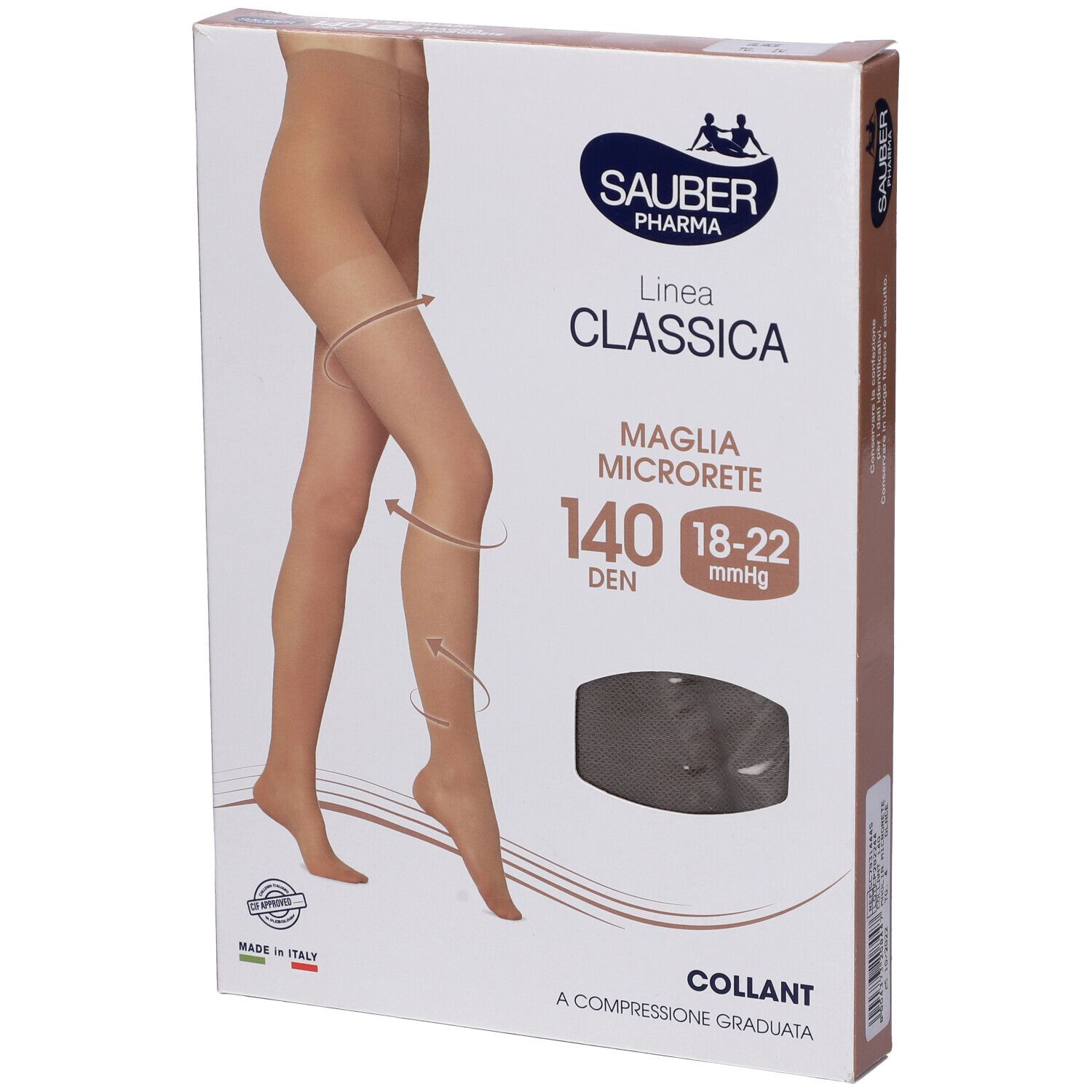 Confezione collant Sauber Classica 140 Den, taglia 4. Immagine di gamba con collant beige. Scritta: Maglia Microrete.