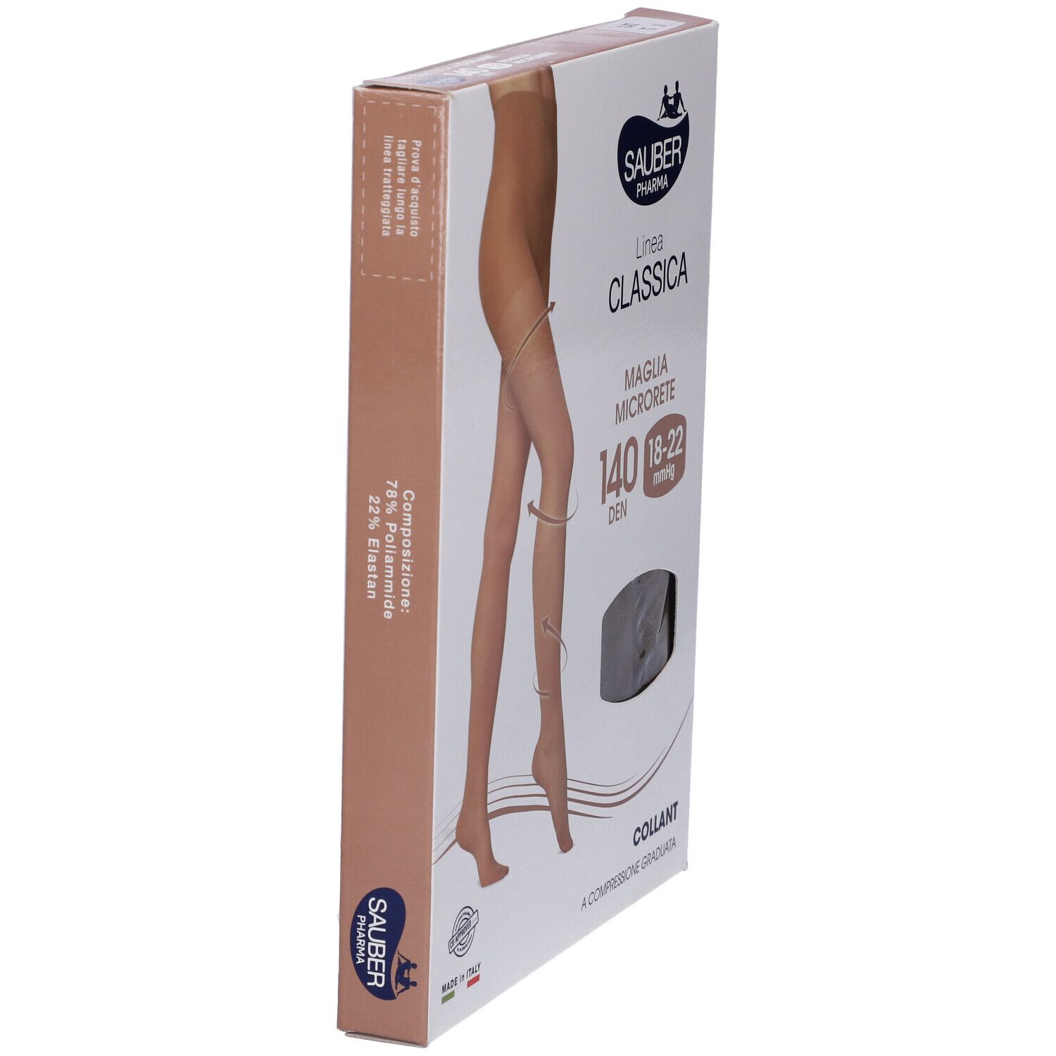 Confezione collant Sauber Classica 140 Den, taglia 4. Immagine di gamba con collant beige. Scritta: Maglia Microrete.
