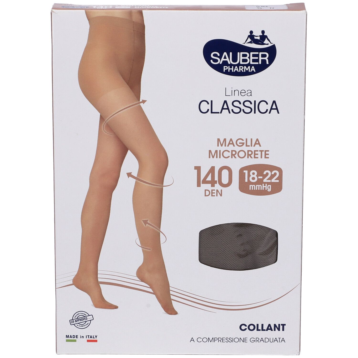 Confezione collant Sauber Classica 140 Den, taglia 4. Immagine di gamba con collant beige. Scritta: Maglia Microrete.