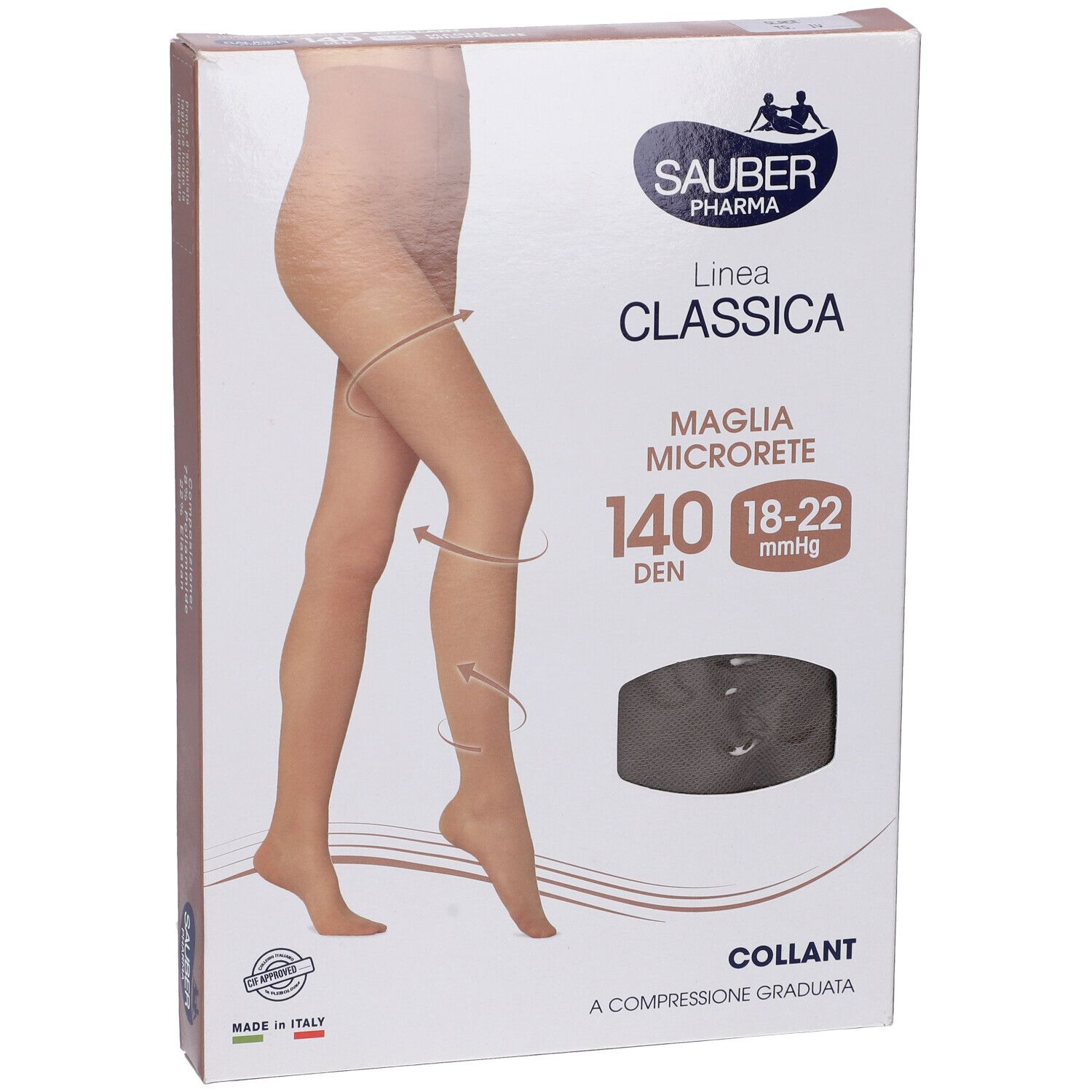 Confezione collant Sauber Classica 140 Den, taglia 4. Immagine di gamba con collant beige. Scritta: Maglia Microrete.