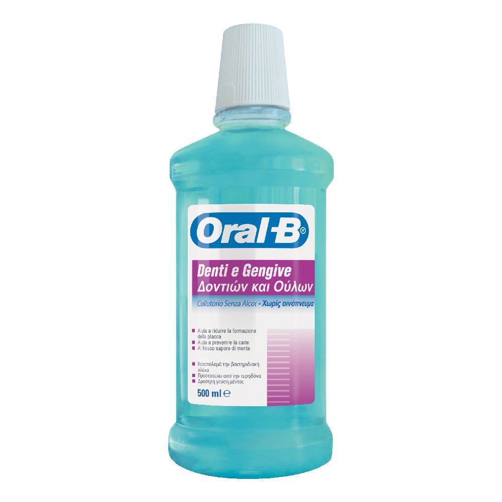 Mundspülung von Oral-B. Blaue Flüssigkeit in einer Flasche mit weißem Deckel. Aufschrift: Denti e Gengive.