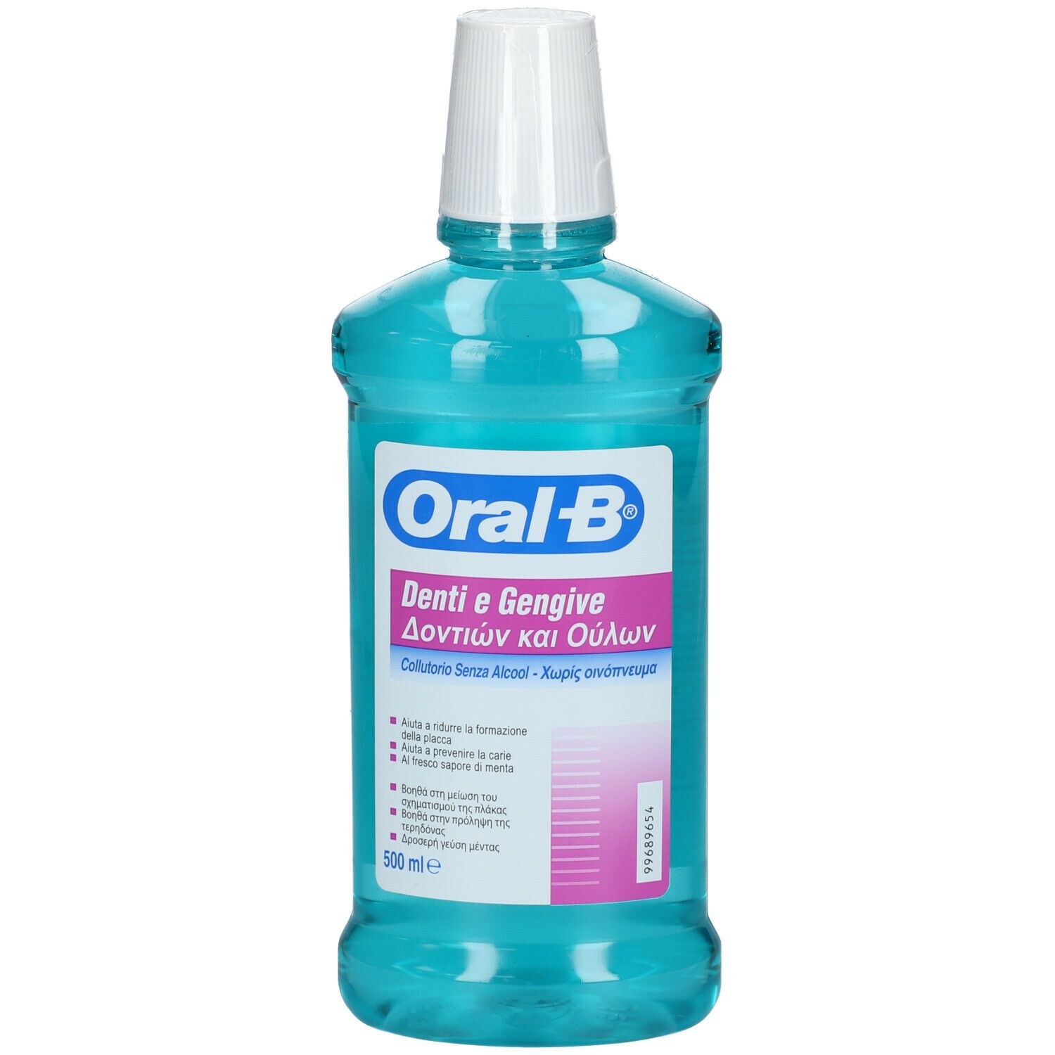 Mundspülung von Oral-B. Blaue Flüssigkeit in einer Flasche mit weißem Deckel. Aufschrift: Denti e Gengive.