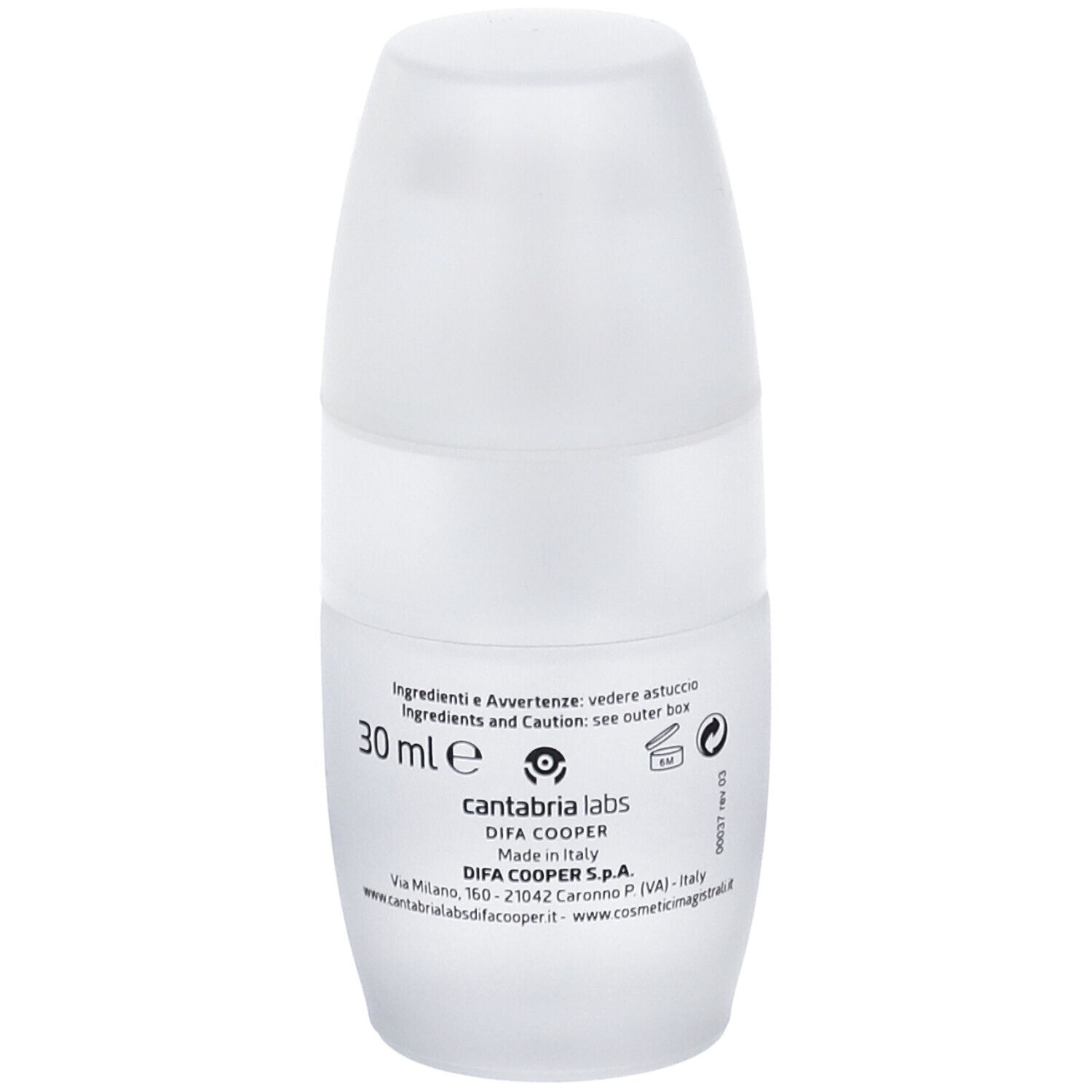 Weißer, zylinderförmiger Behälter mit Kappe. Aufschrift: 30 ml, cantabria labs, Difa Cooper, Made in Italy.