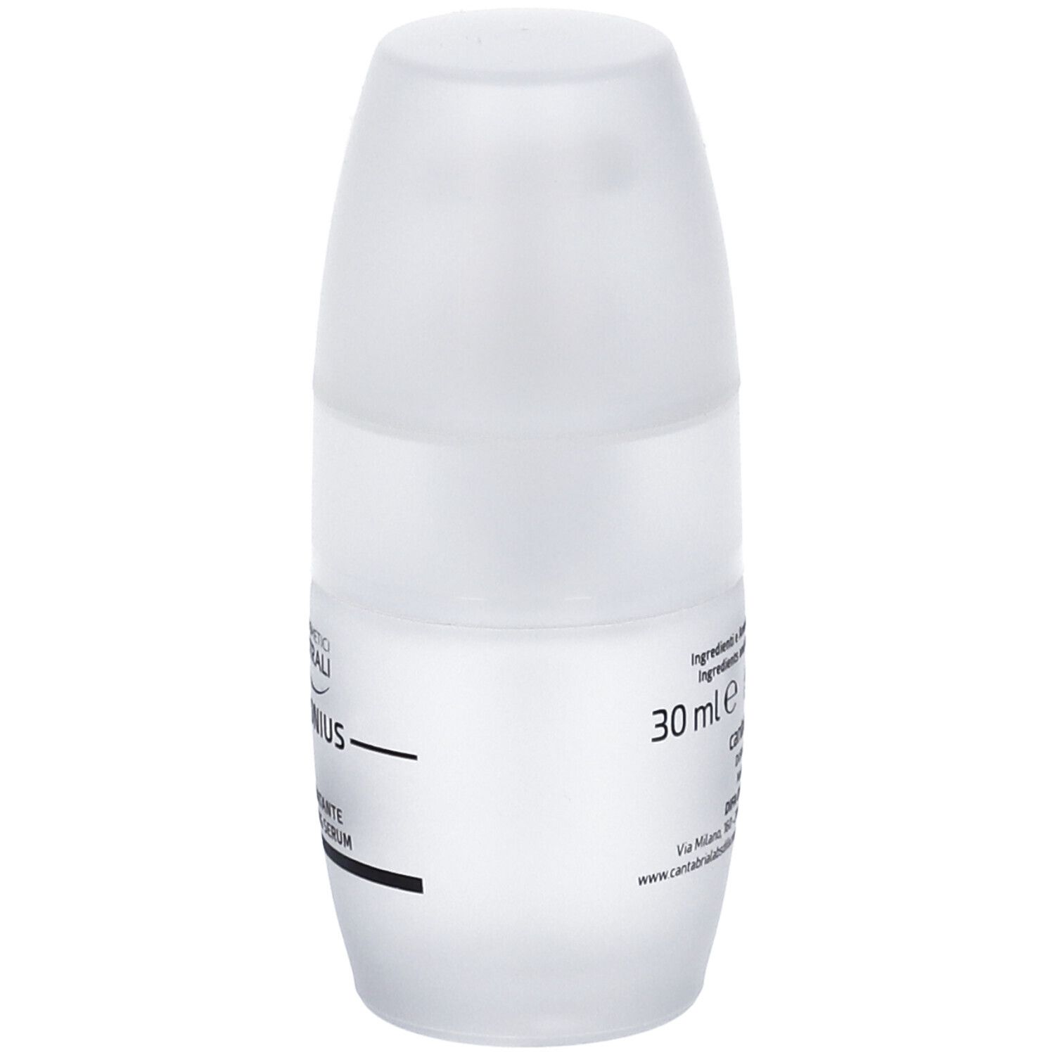 Weißer, zylinderförmiger Behälter mit Kappe. Aufschrift: 30 ml, JALURONIUS, Fluido idratante, moisturizing serum.