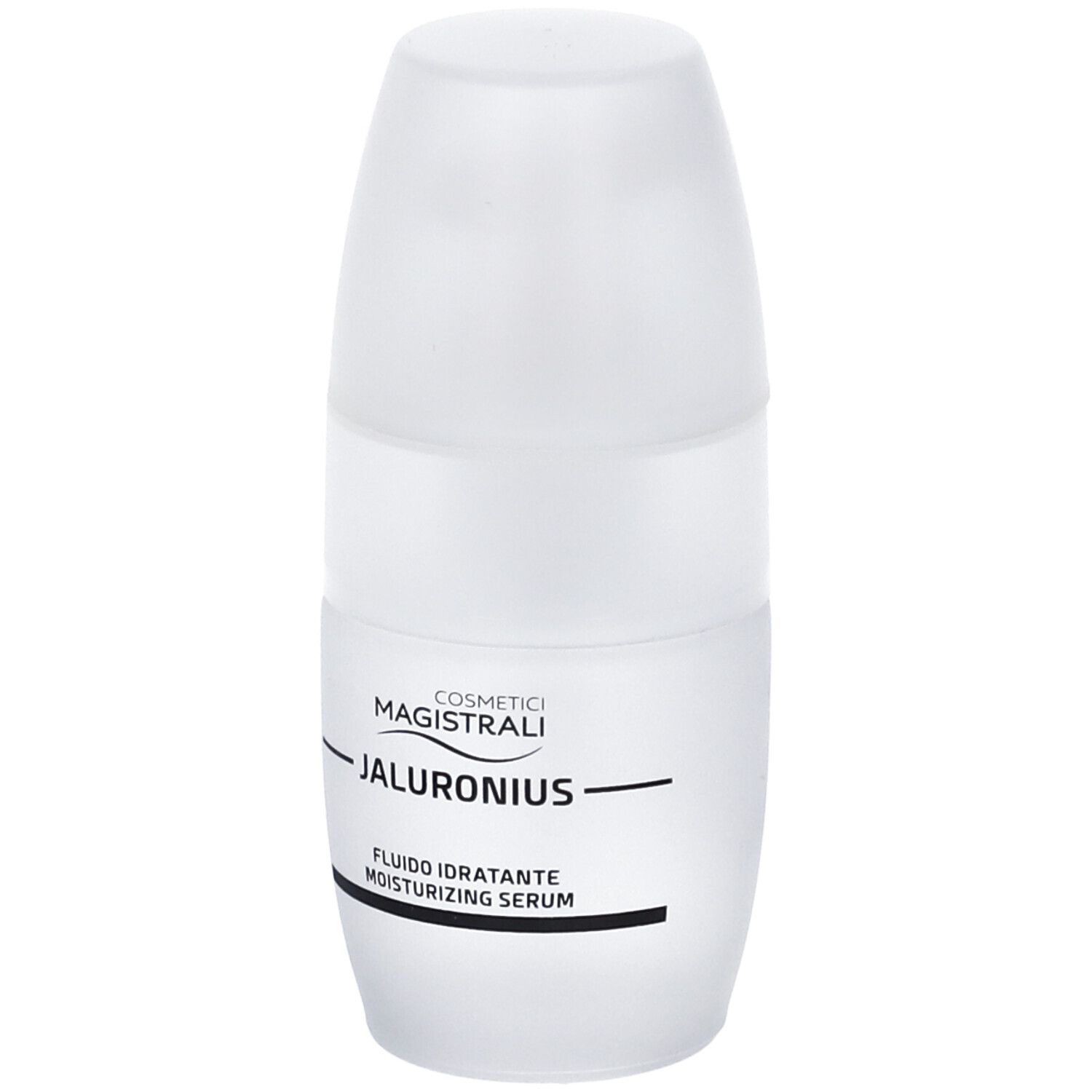 Weißer, zylinderförmiger Behälter mit Kappe. Aufschrift: COSMETICI MAGISTRALI, JALURONIUS, Fluido idratante, moisturizing serum.