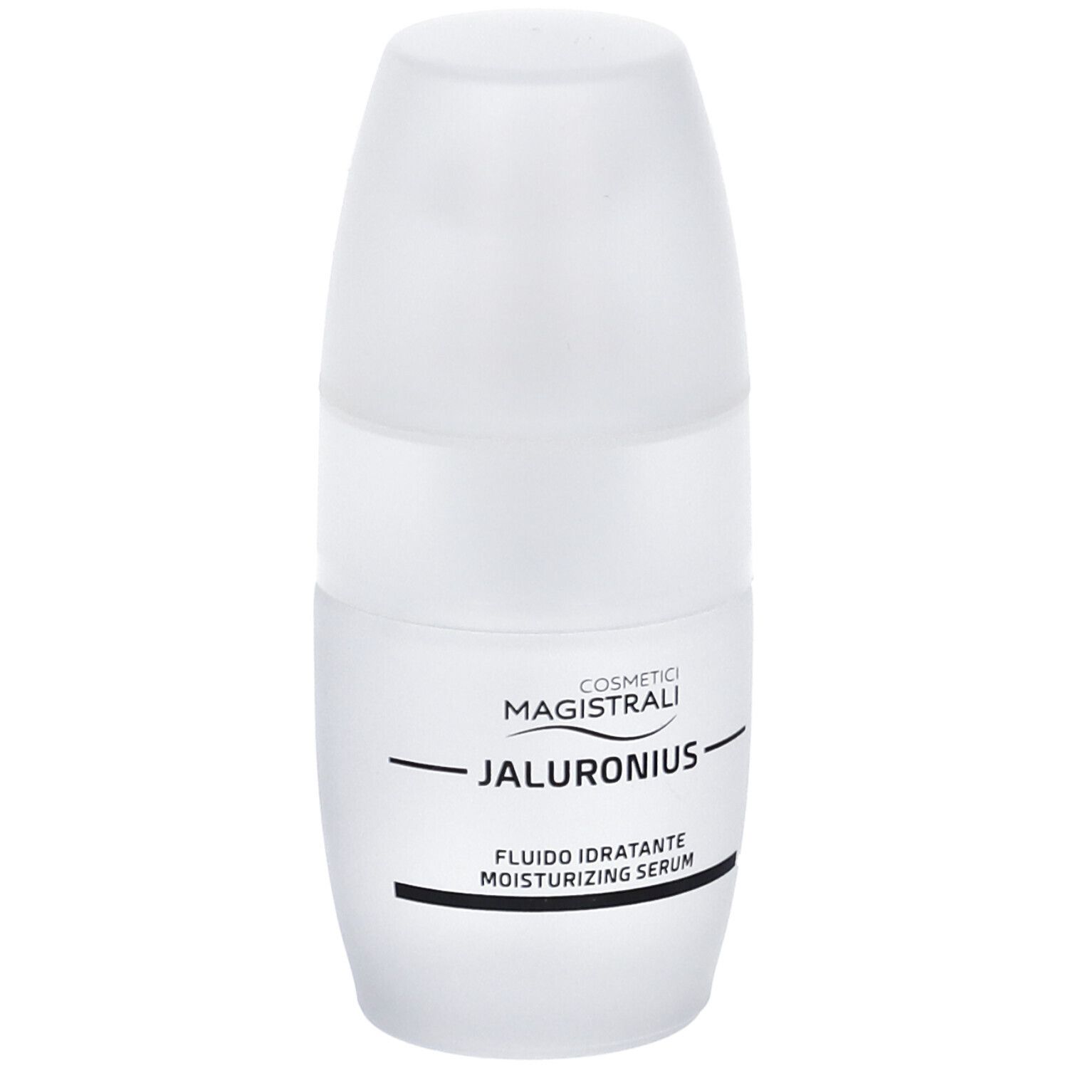 Weißer, zylinderförmiger Behälter mit Kappe. Aufschrift: COSMETICI MAGISTRALI, JALURONIUS, Fluido idratante, moisturizing serum.