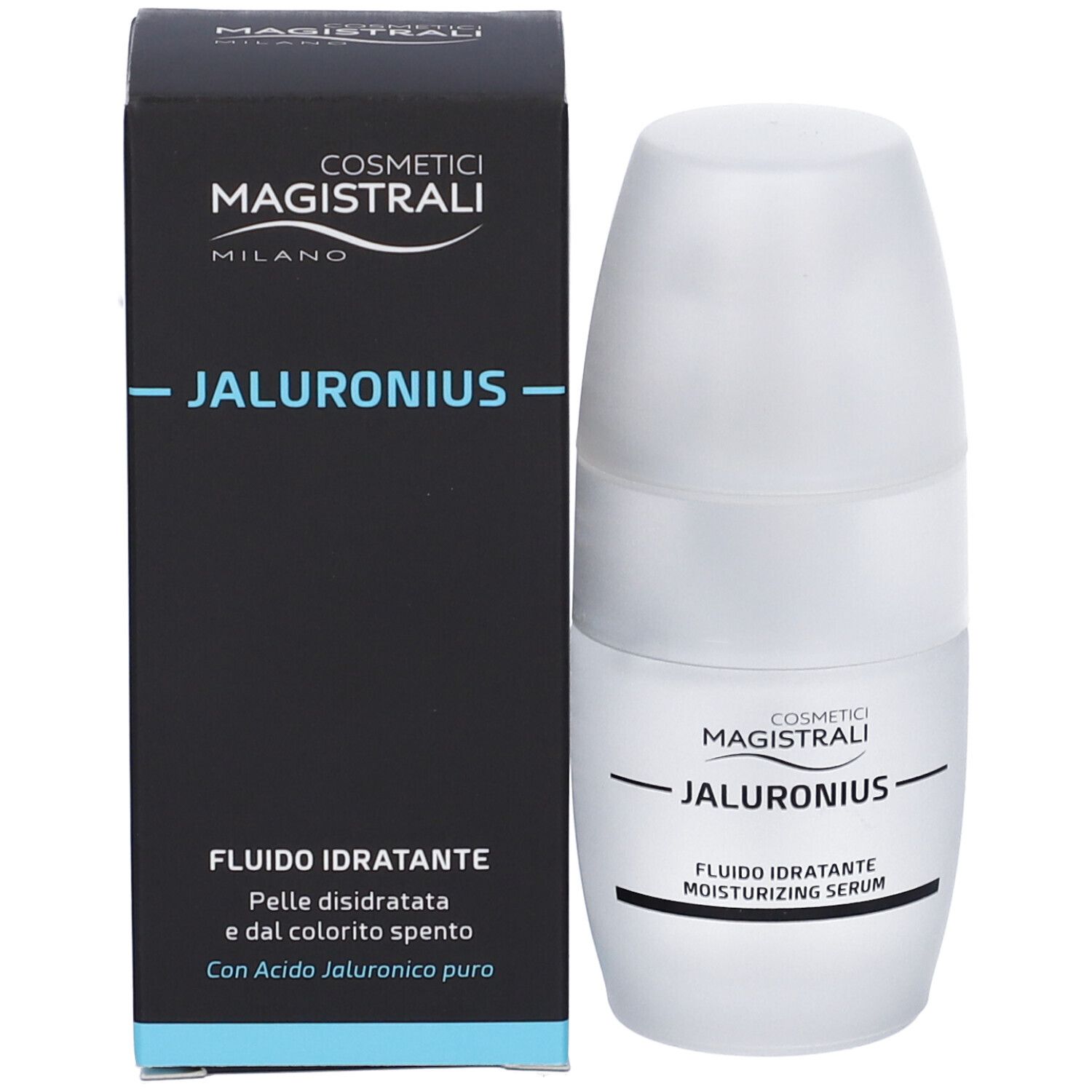 Produktverpackung und Flasche. Schwarzer Karton mit weißer Flasche. Aufschrift: COSMETICI MAGISTRALI, JALURONIUS, Fluido idratante.