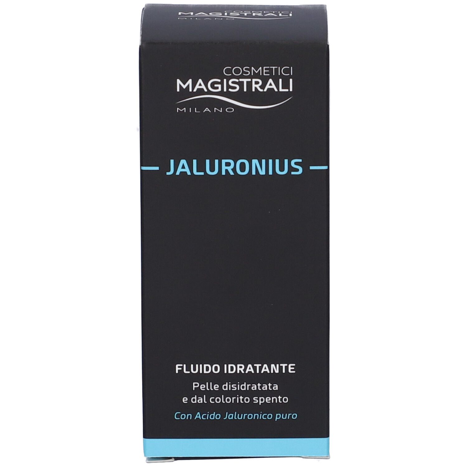 Schwarze Produktverpackung. Aufschrift: COSMETICI MAGISTRALI, JALURONIUS, Fluido idratante, Pelle disidratata.