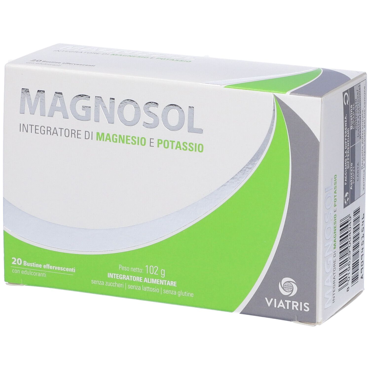 Schachtel mit MAGNOSOL, Magnesium- und Kalium-Nahrungsergänzungsmittel. 20 Brausetütchen. Viatris-Logo.