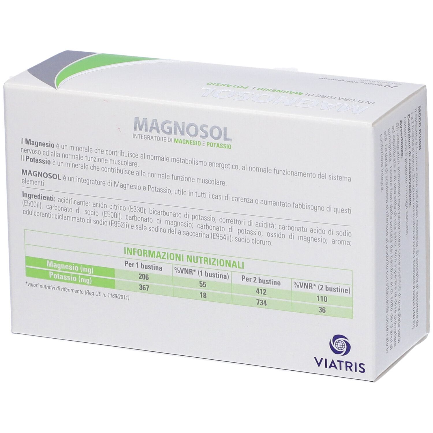 Schachtel MAGNOSOL, Magnesium- und Kalium-Nahrungsergänzungsmittel. Nährwertangaben. Viatris-Logo. Text in italienischer Sprache.