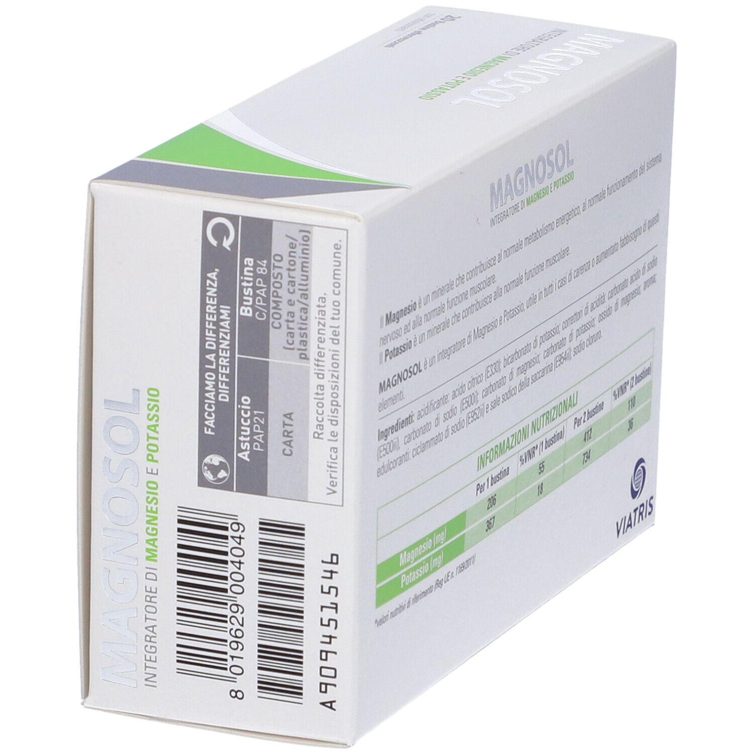 Schachtel MAGNOSOL, Magnesium- und Kalium-Nahrungsergänzungsmittel. Text, Barcode und Viatris-Logo. Text in italienischer Sprache.
