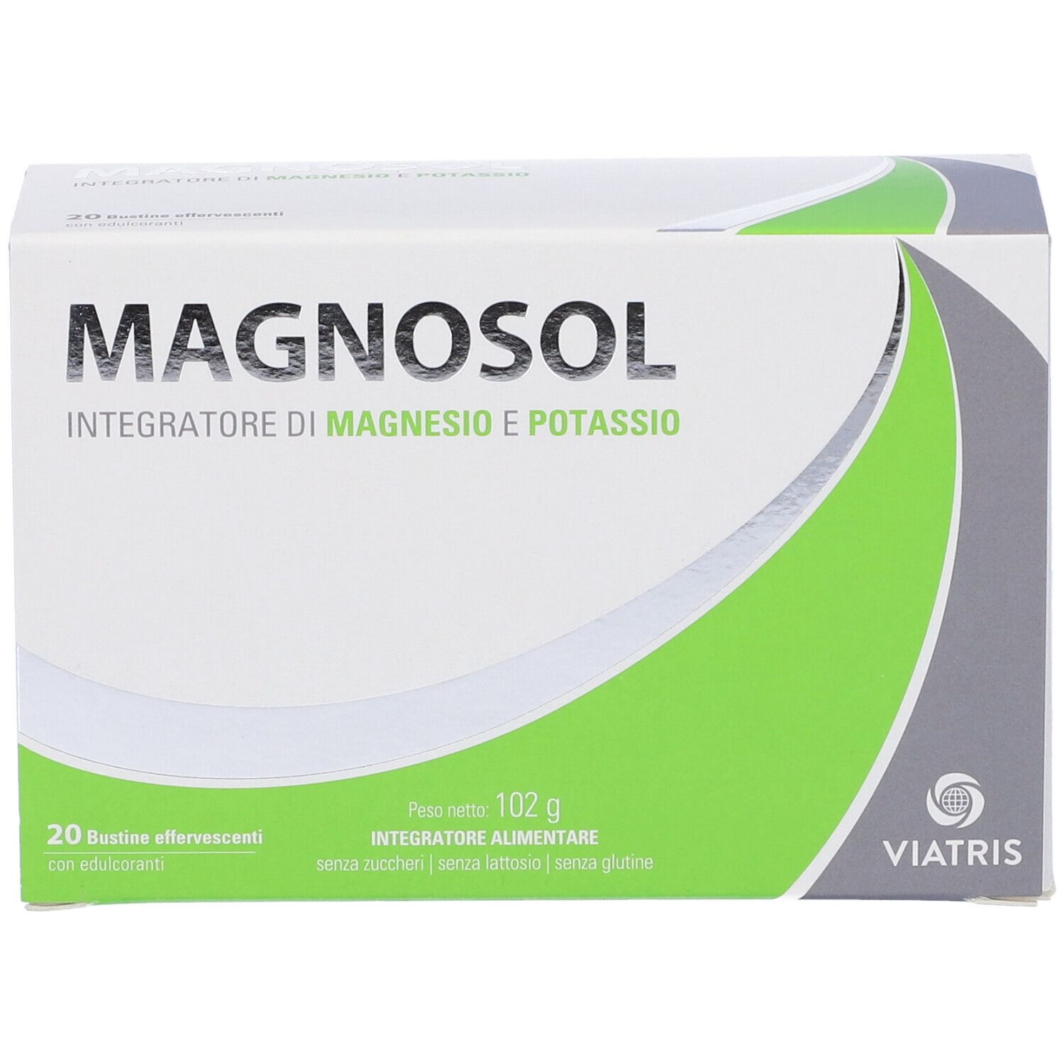 Schachtel MAGNOSOL, Magnesium- und Kalium-Nahrungsergänzungsmittel. 20 Brausetütchen. Viatris-Logo. Ohne Zucker, Laktose und Gluten.