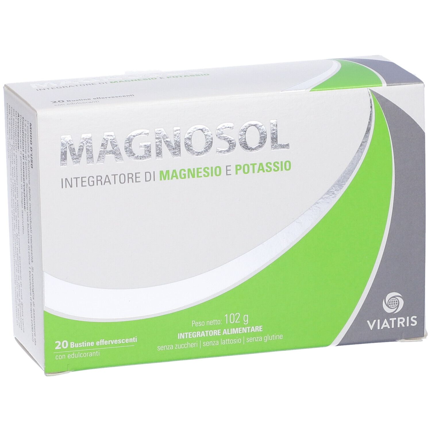 Schachtel MAGNOSOL, Magnesium- und Kalium-Nahrungsergänzungsmittel. 20 Brausetütchen. Viatris-Logo. Ohne Zucker, Laktose und Gluten.