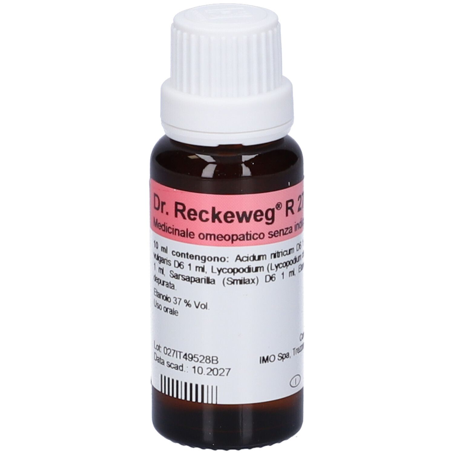 Flacone di vetro marrone con tappo bianco. Etichetta con informazioni sul prodotto. Visibile: Dr. Reckeweg R 27.