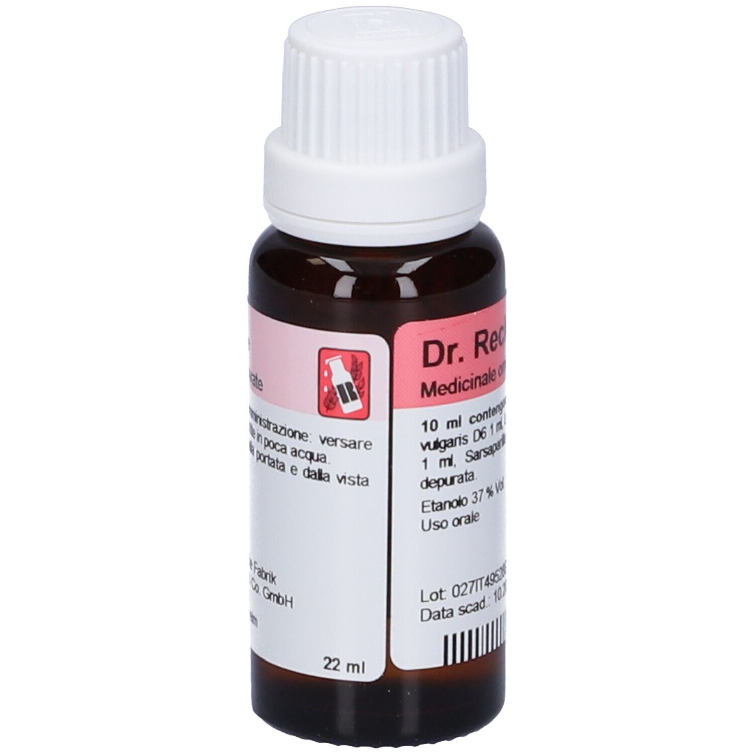 Flacone di vetro marrone con tappo bianco. Etichetta con informazioni sul prodotto. Volume: 22 ml. Visibile: Dr. Reckeweg R 27.