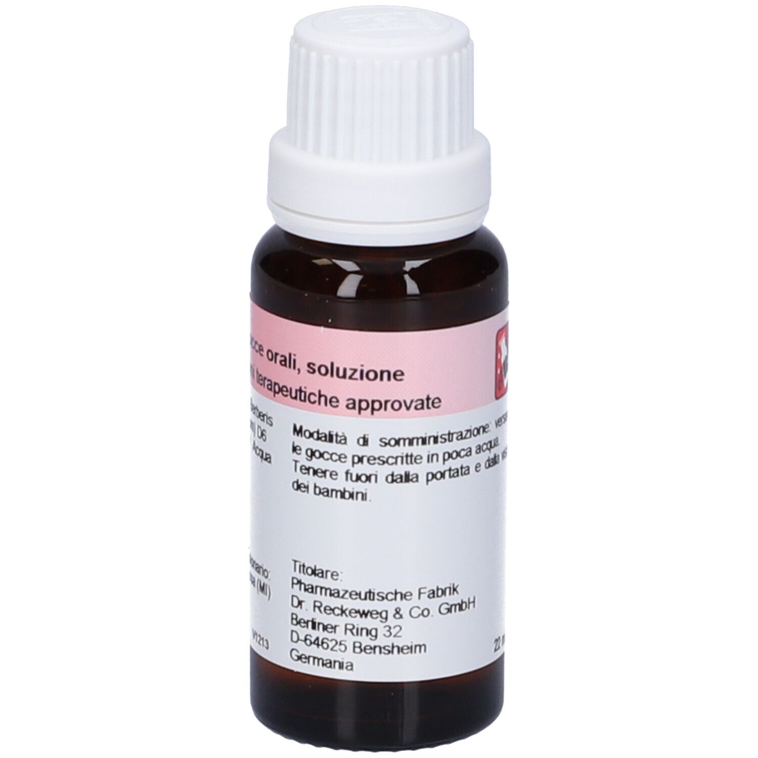 Flacone di vetro marrone con tappo bianco. Etichetta con informazioni sul prodotto. Visibile: Dr. Reckeweg R 27. Gocce orali, soluzione.