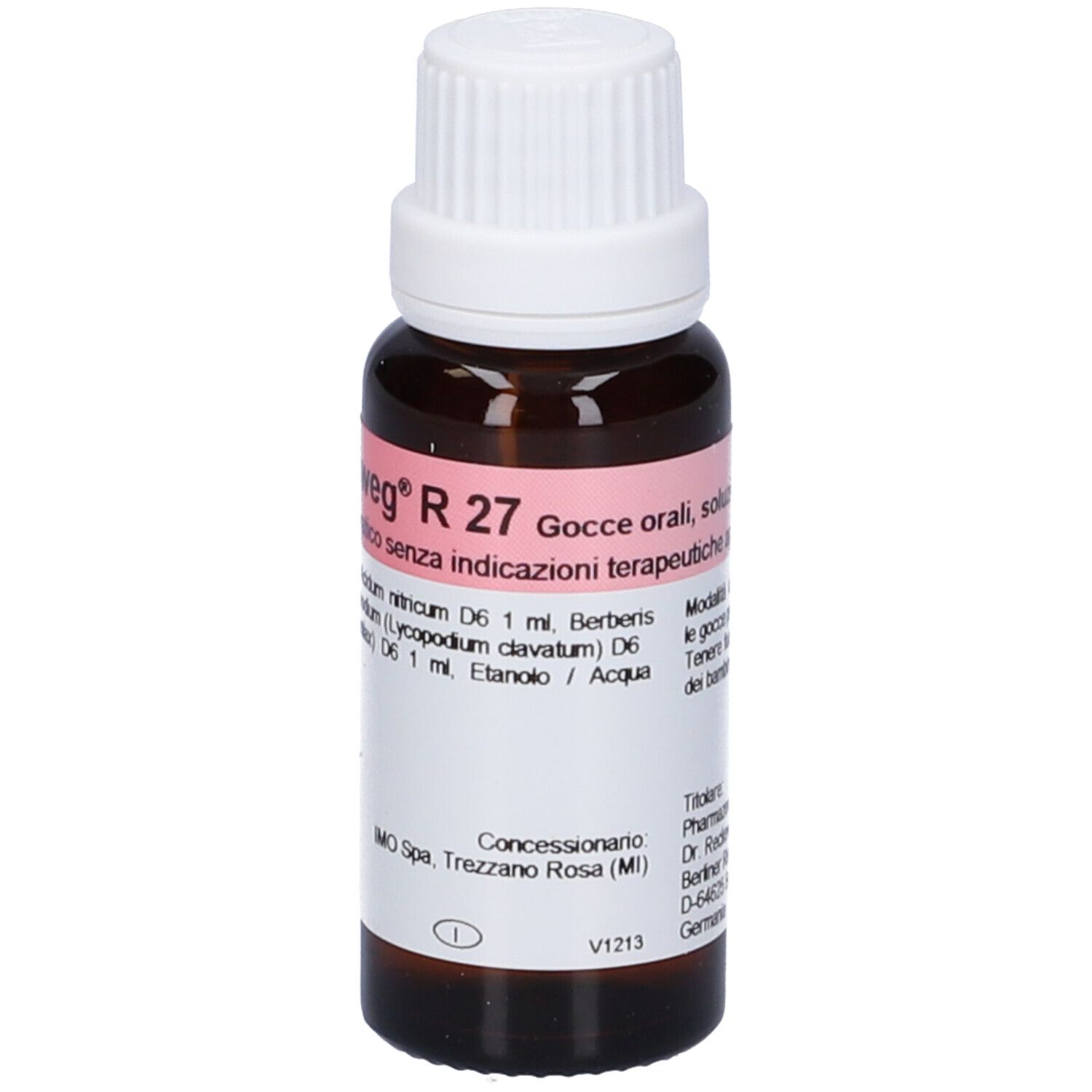 Flacone di vetro marrone con tappo bianco. Etichetta con informazioni sul prodotto. Visibile: Dr. Reckeweg R 27. Gocce orali, soluzione.